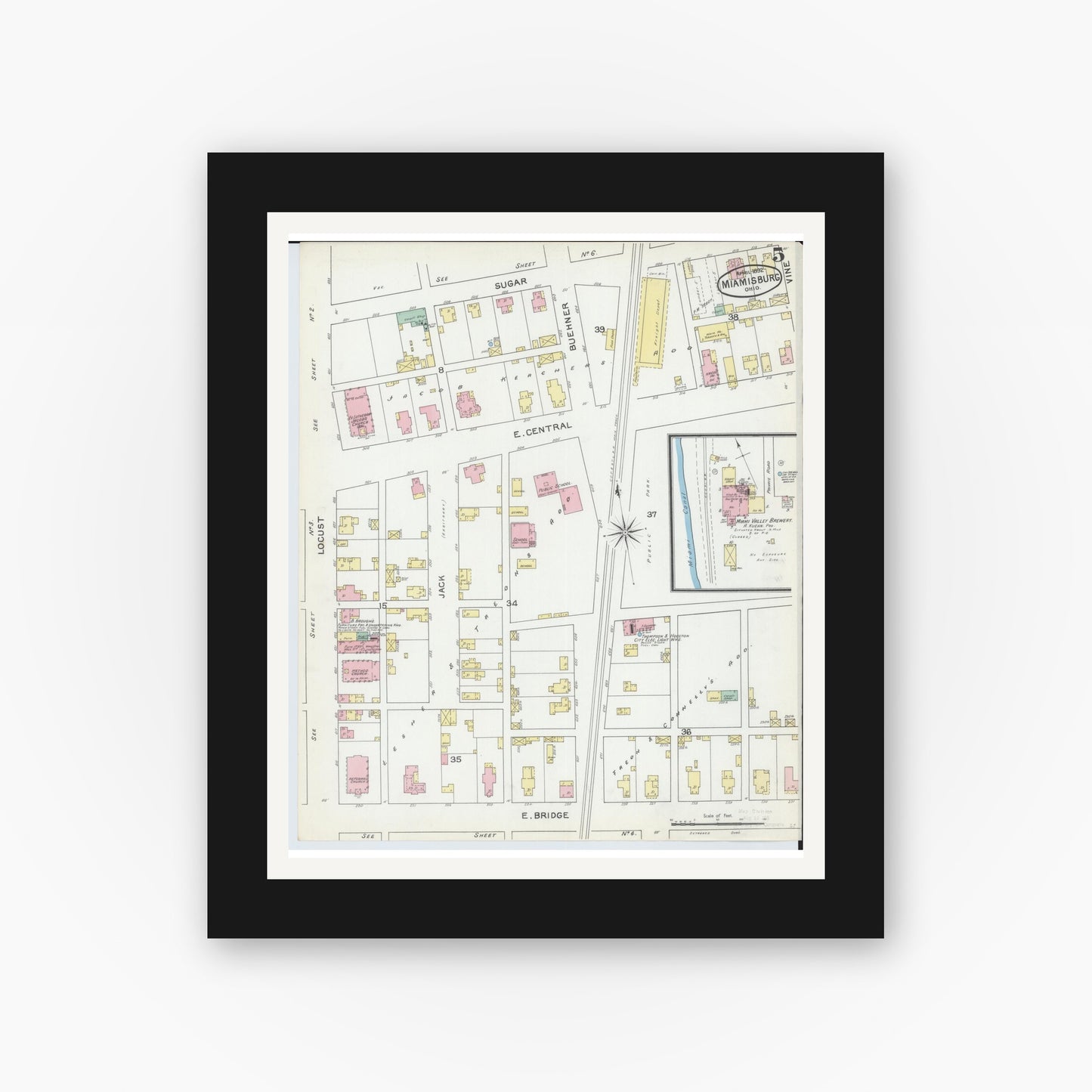 Old map wall art mockup — black gallery frame with white mat — Sanborn Fire Insurance Map from Miamisburg, Montgomery County, Ohio (1892), Sheet #0005