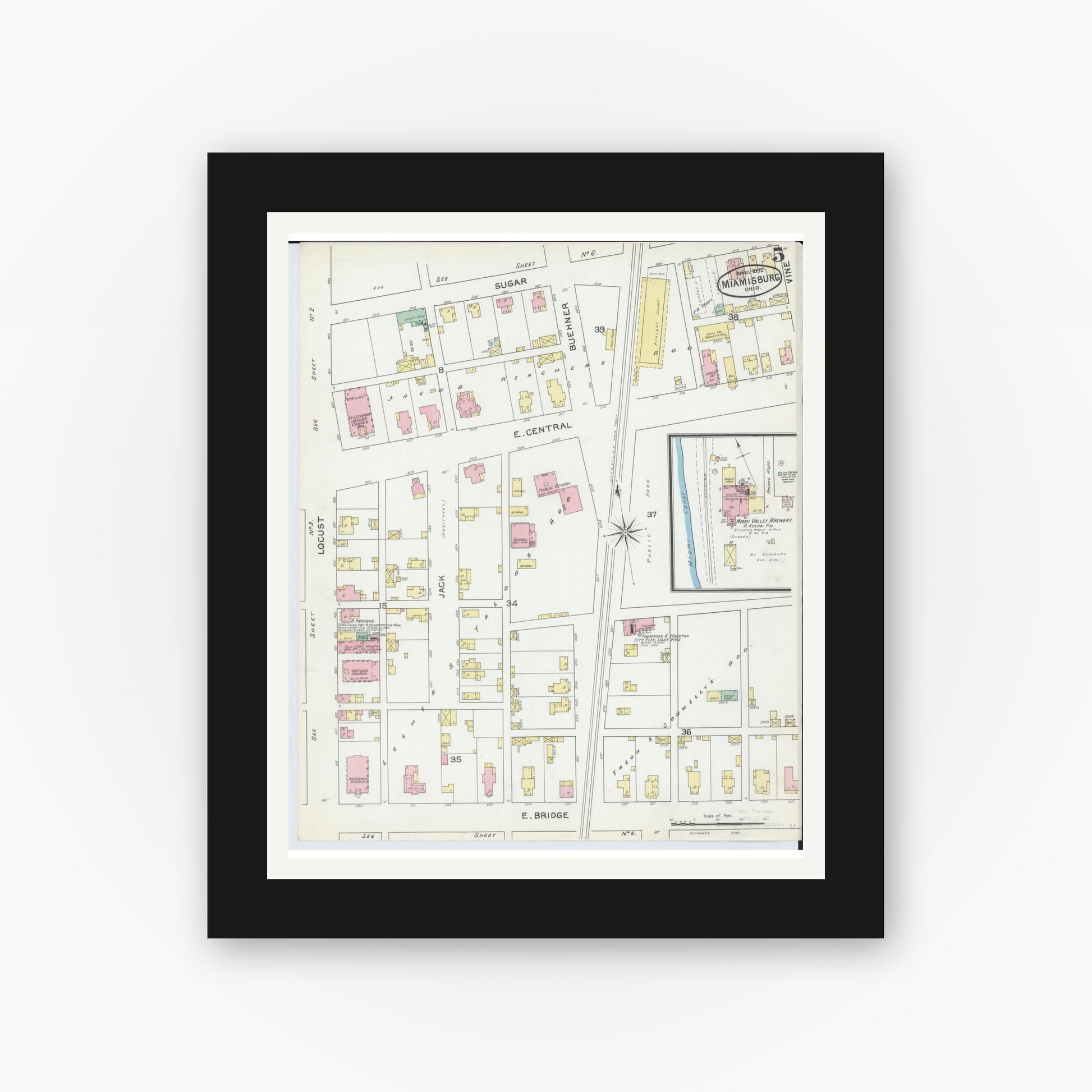 Old map wall art mockup — black gallery frame with white mat — Sanborn Fire Insurance Map from Miamisburg, Montgomery County, Ohio (1892), Sheet #0005