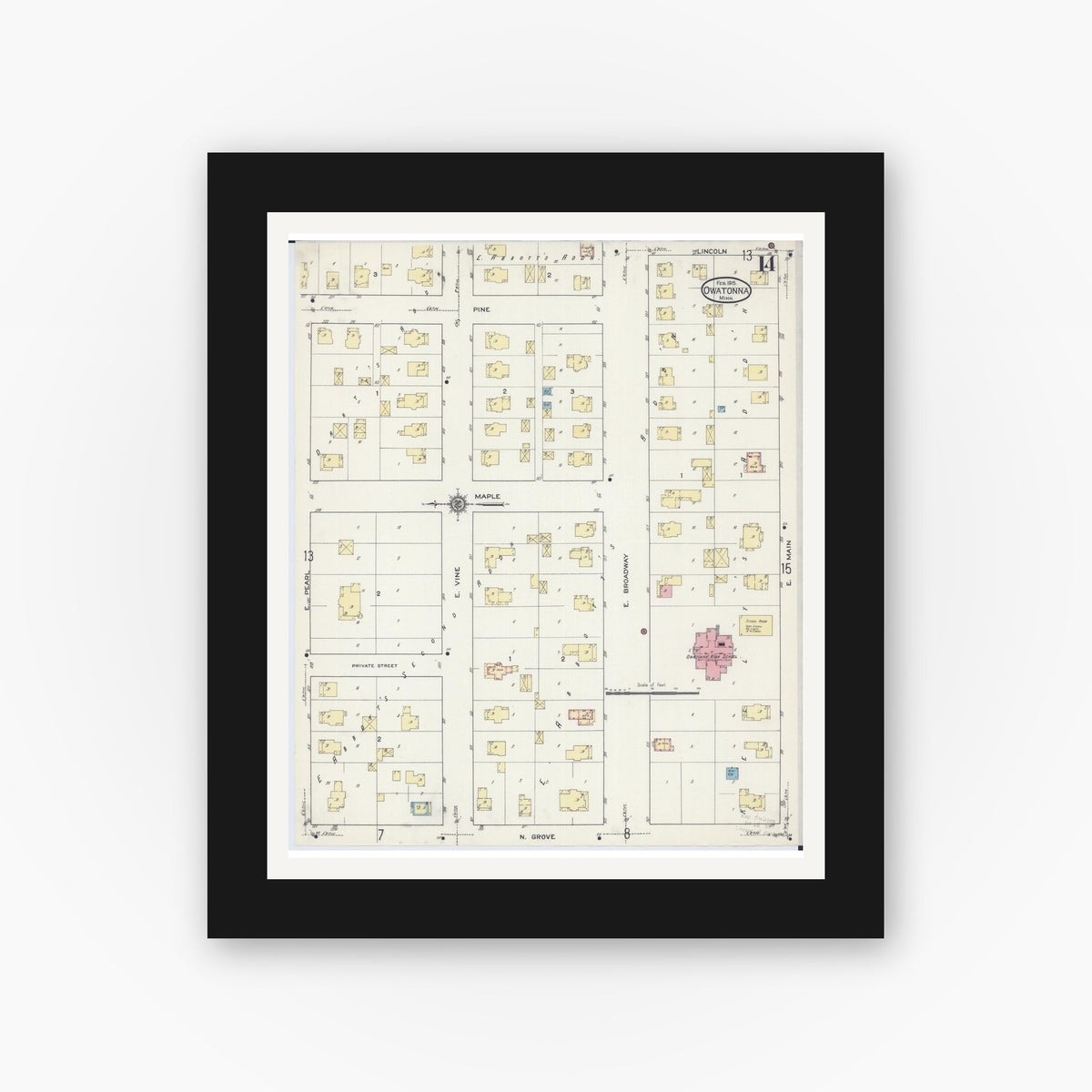 Old map wall art mockup — black gallery frame with white mat — Sanborn Fire Insurance Map from Owatonna, Steele County, Minnesota (1915), Sheet #0014