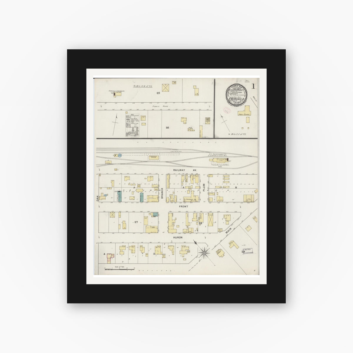 Old map wall art mockup — black gallery frame with white mat — Sanborn Fire Insurance Map from Fairchild, Eau Claire County, Wisconsin (1894), Sheet #0001