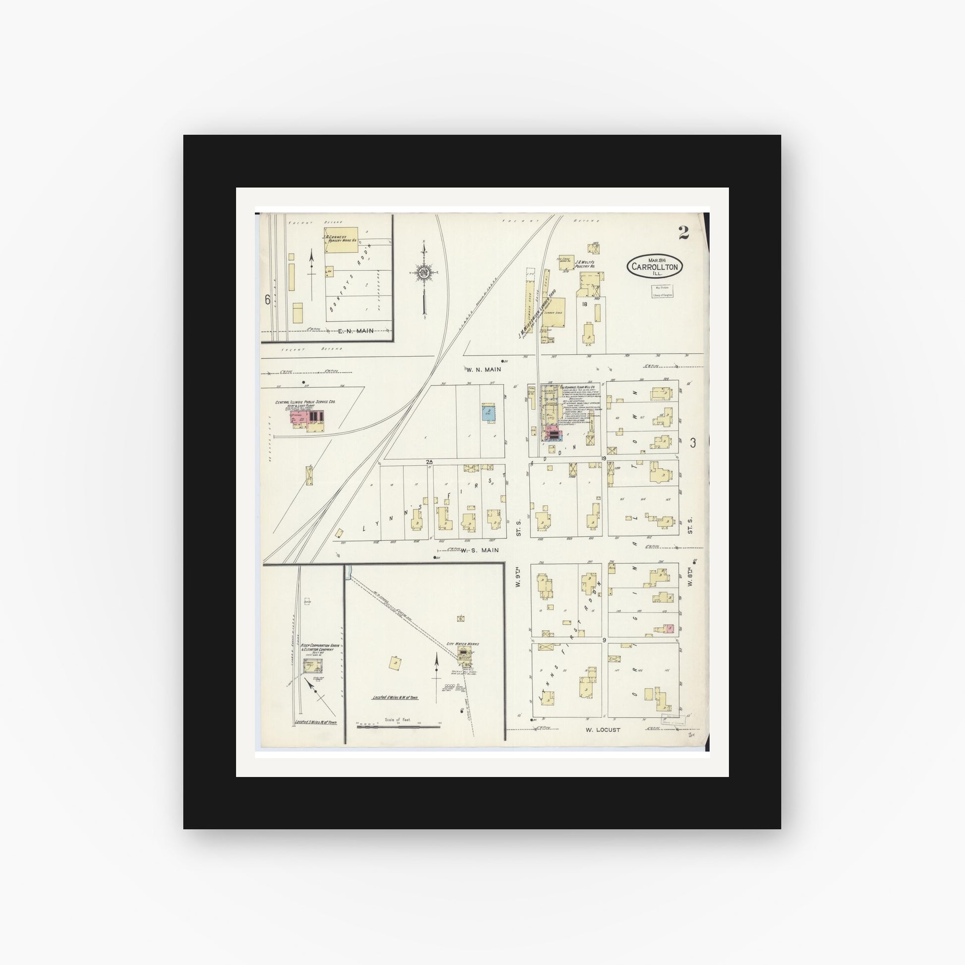 Old map wall art mockup — black gallery frame with white mat — Sanborn Fire Insurance Map from Carrollton, Greene County, Illinois (1914), Sheet #0002