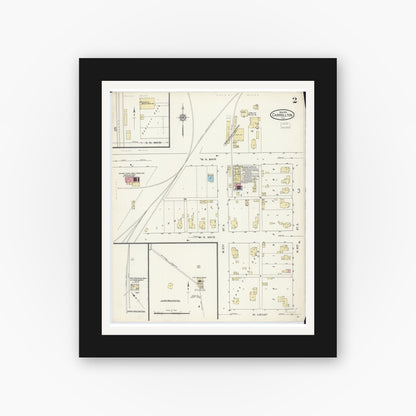 Old map wall art mockup — black gallery frame with white mat — Sanborn Fire Insurance Map from Carrollton, Greene County, Illinois (1914), Sheet #0002