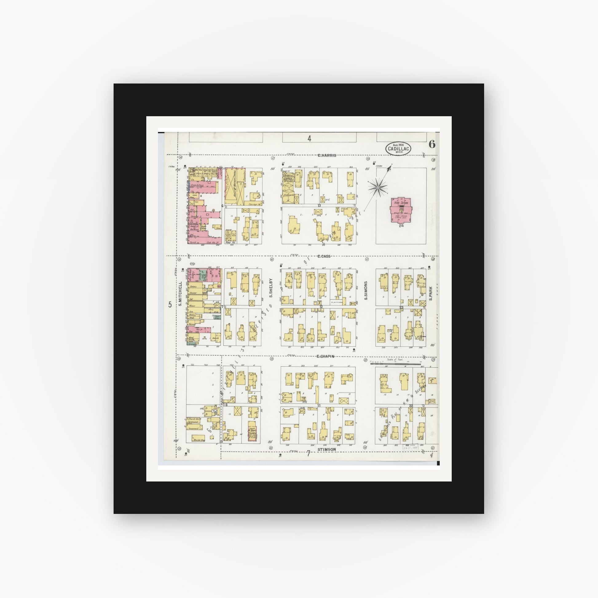 Old map wall art mockup — black gallery frame with white mat — Sanborn Fire Insurance Map from Cadillac, Wexford County, Michigan (1900), Sheet #0006