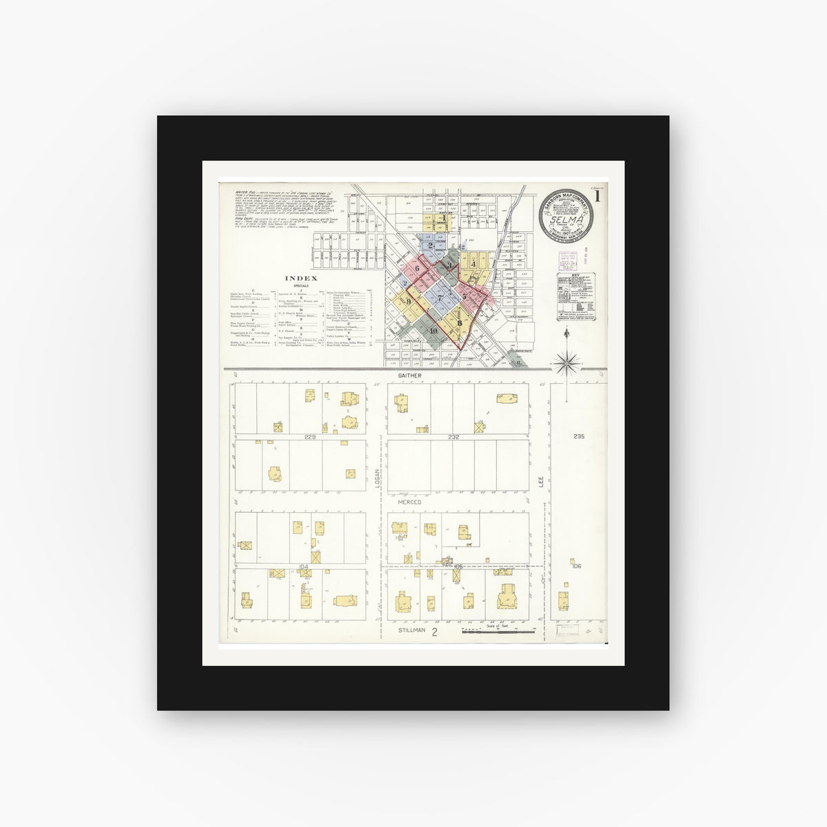 Old map wall art mockup — black gallery frame with white mat — Sanborn Fire Insurance Map from Selma, Fresno County, California (1907) - Complete Map Set