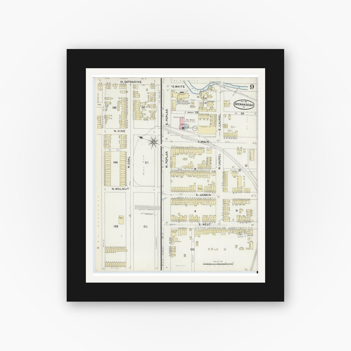Old map wall art mockup — black gallery frame with white mat — Sanborn Fire Insurance Map from Shenandoah, Schuylkill County, Pennsylvania (1891), Sheet #0009