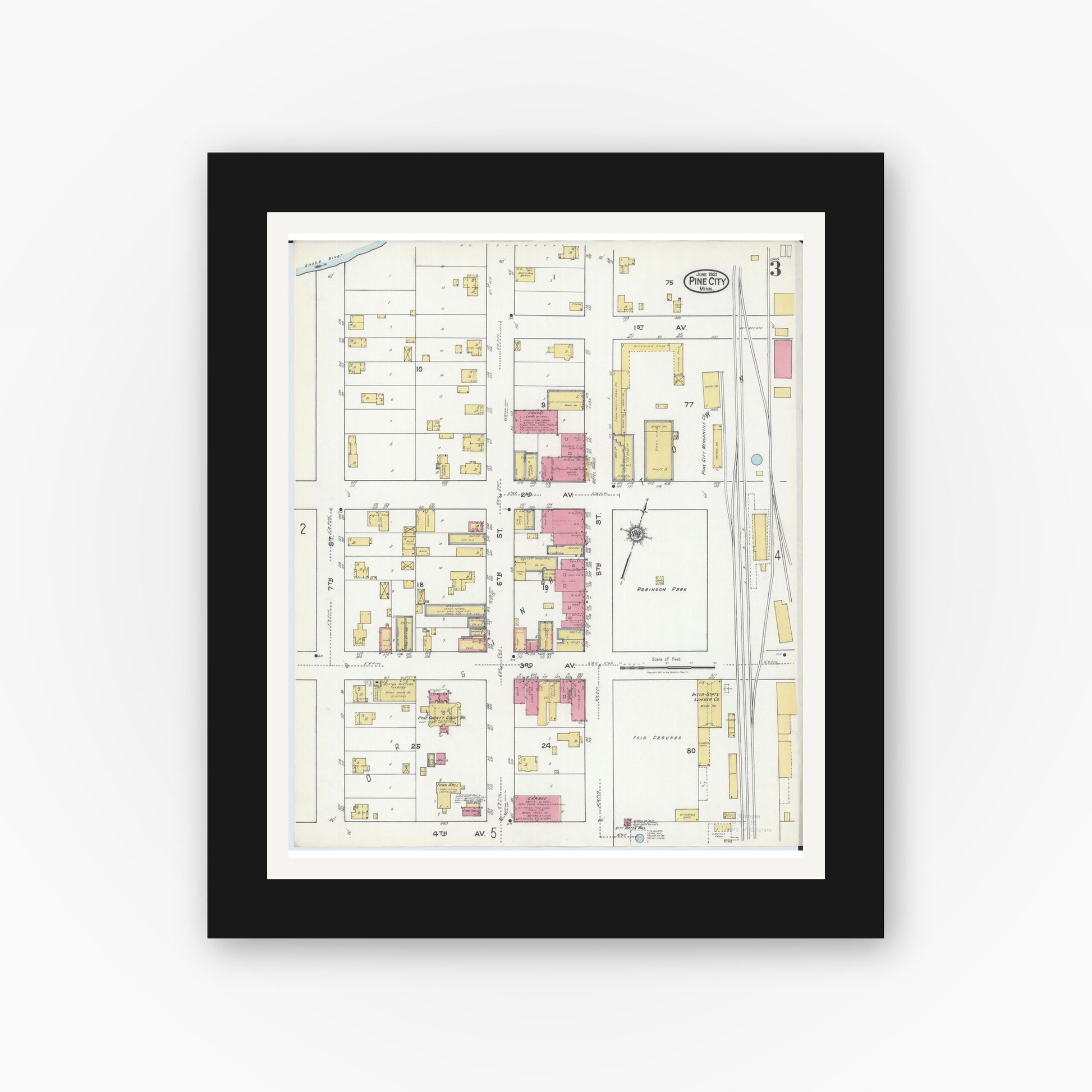 Old map wall art mockup — black gallery frame with white mat — Sanborn Fire Insurance Map from Pine City, Pine County, Minnesota (1921), Sheet #0003