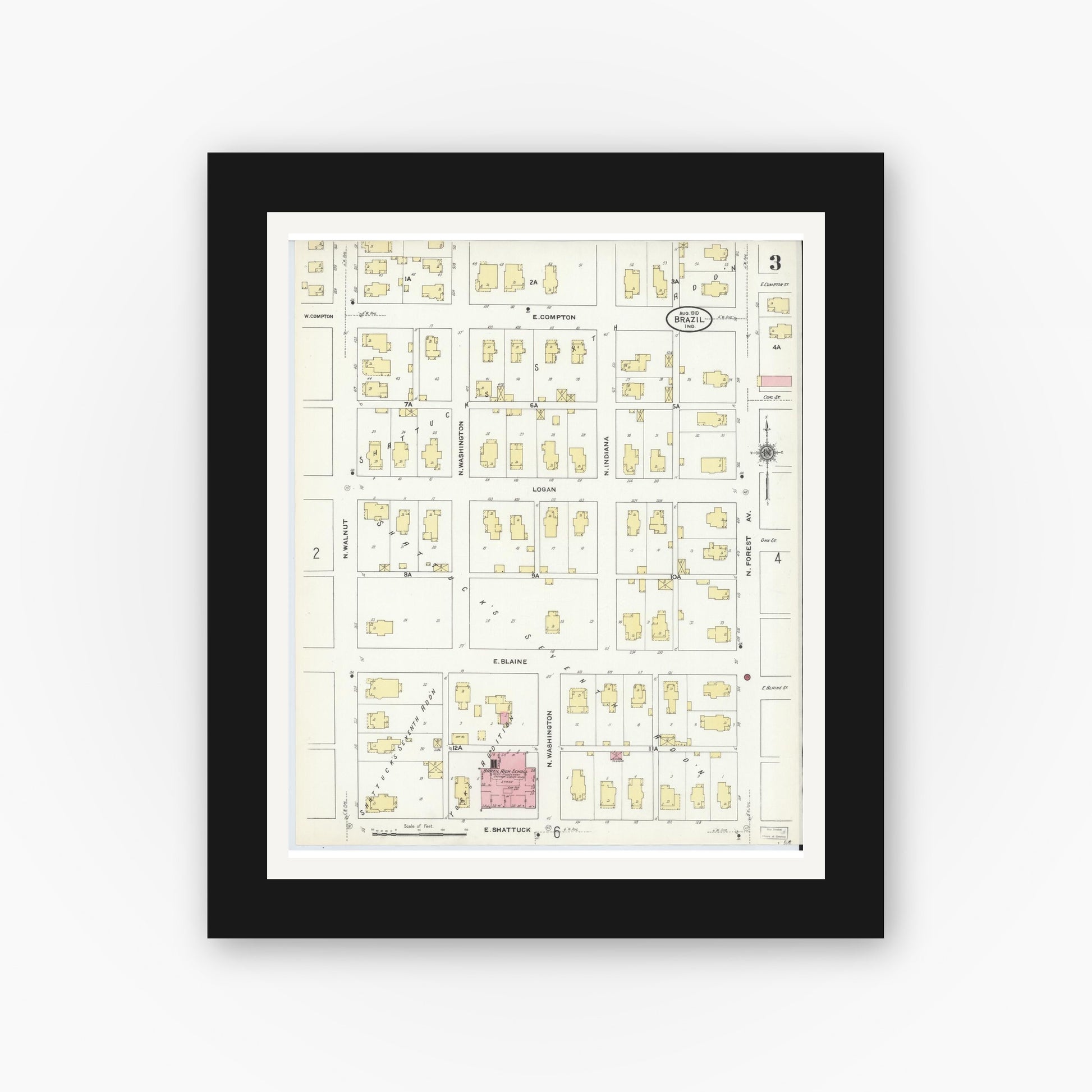 Old map wall art mockup — black gallery frame with white mat — Sanborn Fire Insurance Map from Brazil, Clay County, Indiana (1910), Sheet #0003