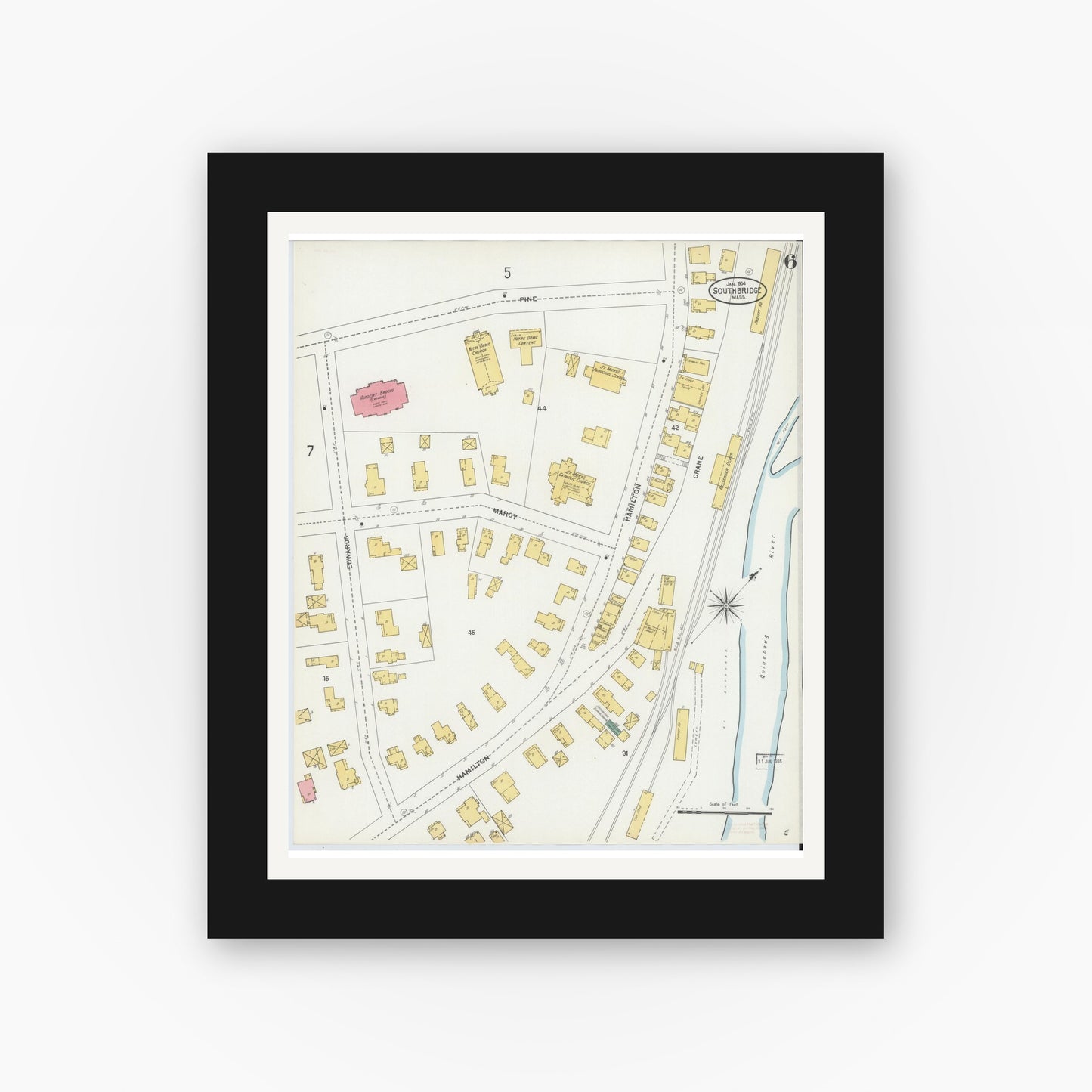 Old map wall art mockup — black gallery frame with white mat — Sanborn Fire Insurance Map from Southbridge, Worcester County, Massachusetts (1904), Sheet #0006