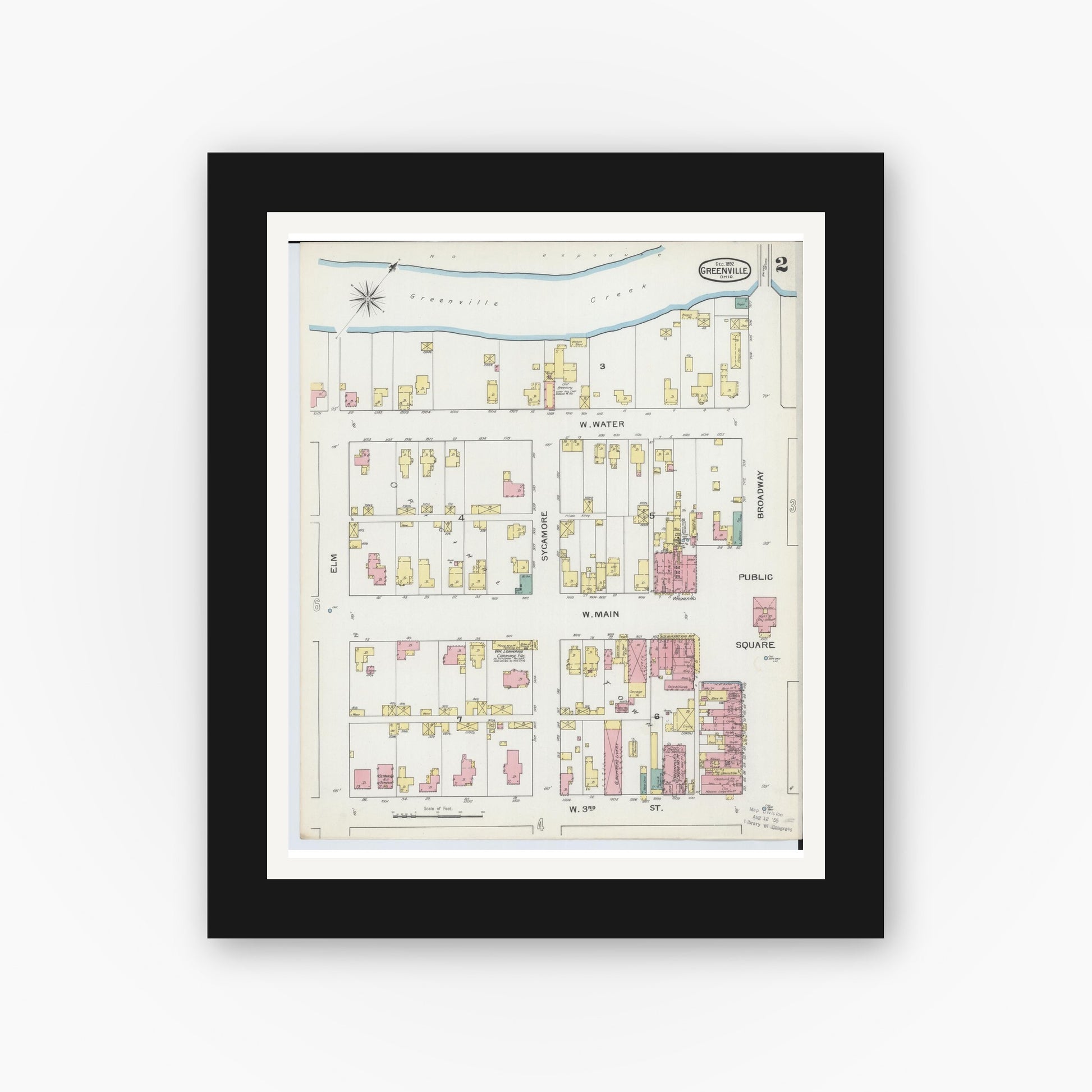 Old map wall art mockup — black gallery frame with white mat — Sanborn Fire Insurance Map from Greenville, Darke County, Ohio (1892), Sheet #0002
