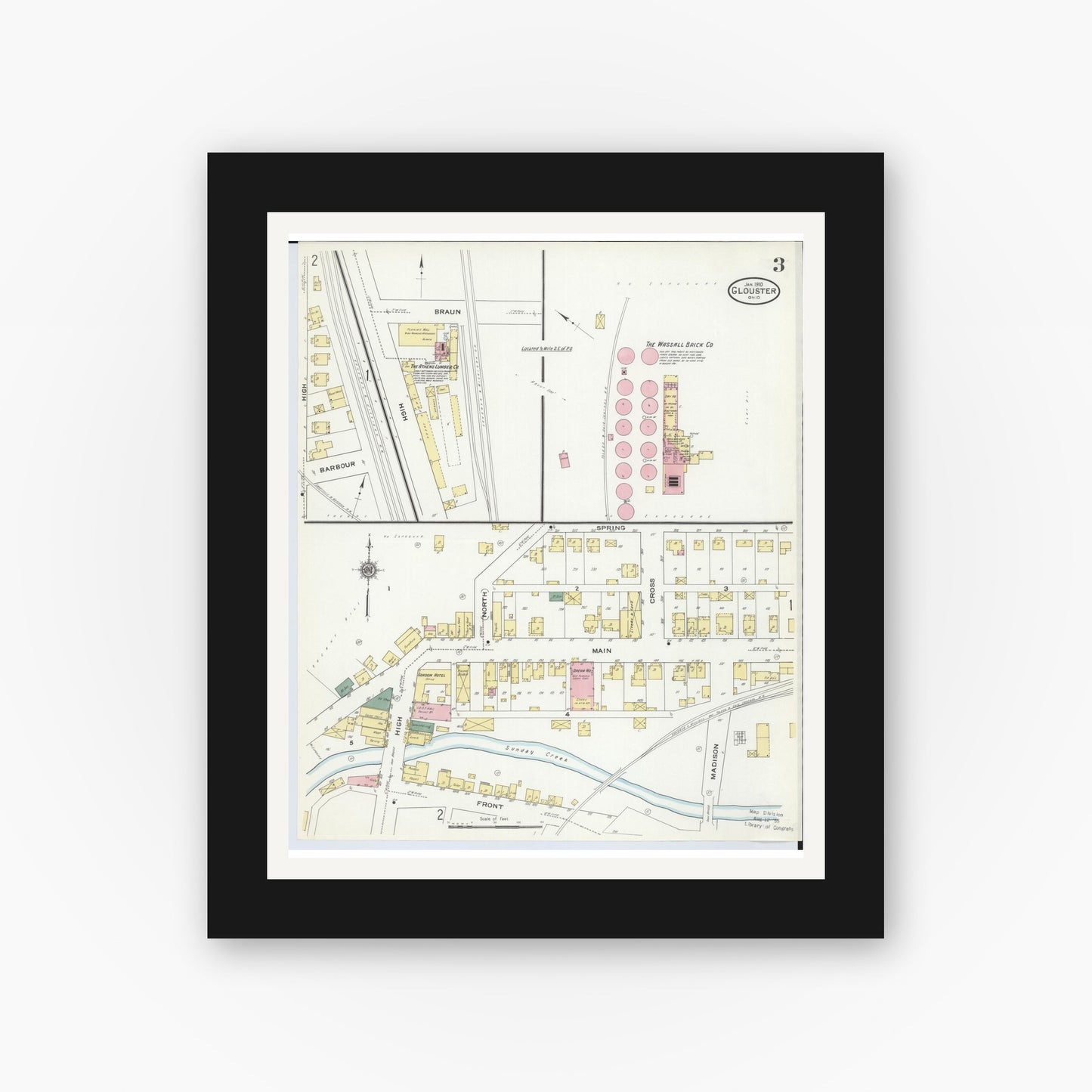 Old map wall art mockup — black gallery frame with white mat — Sanborn Fire Insurance Map from Glouster, Athens County, Ohio (1910), Sheet #0003