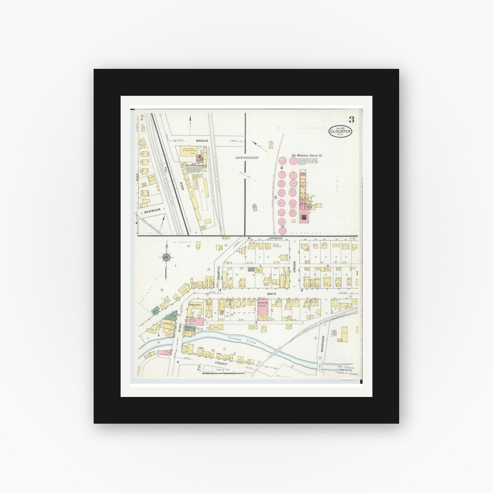 Old map wall art mockup — black gallery frame with white mat — Sanborn Fire Insurance Map from Glouster, Athens County, Ohio (1910), Sheet #0003