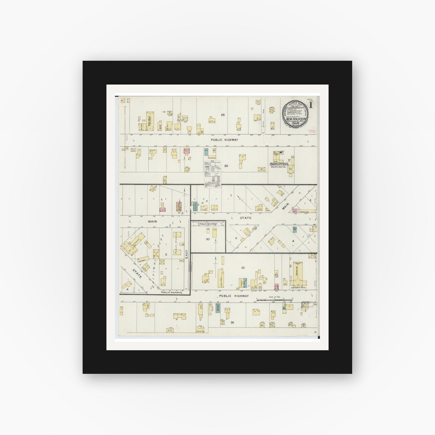 Old map wall art mockup — black gallery frame with white mat — Sanborn Fire Insurance Map from New Holstein, Calumet County, Wisconsin (1894), Sheet #0001