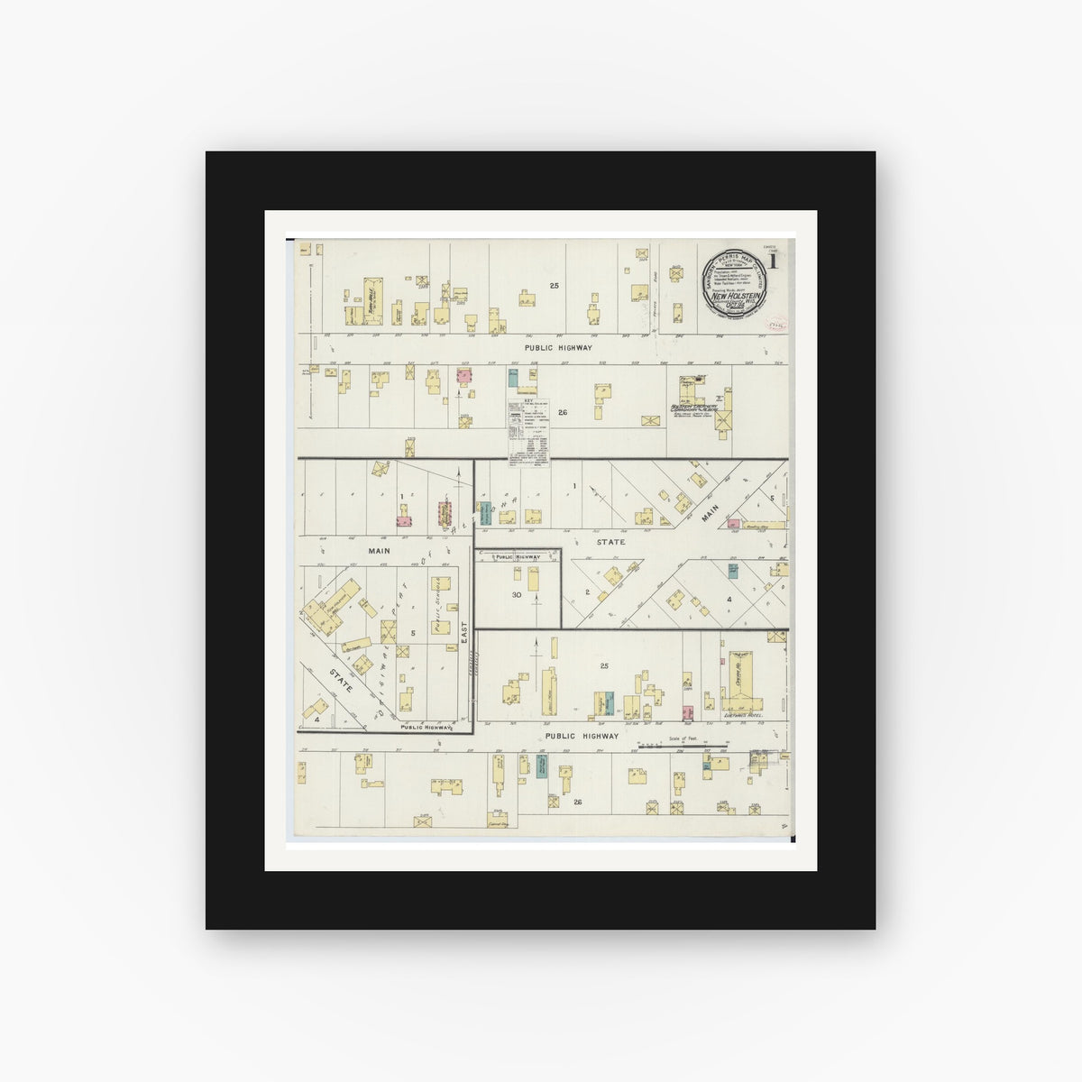 Old map wall art mockup — black gallery frame with white mat — Sanborn Fire Insurance Map from New Holstein, Calumet County, Wisconsin (1894), Sheet #0001