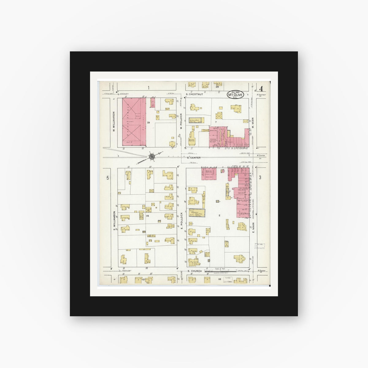 Old map wall art mockup — black gallery frame with white mat — Sanborn Fire Insurance Map from Mount Olive, Wayne County, North Carolina (1920), Sheet #0004