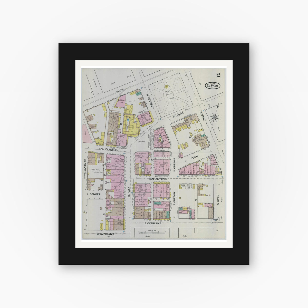 Old map wall art mockup — black gallery frame with white mat — Sanborn Fire Insurance Map from El Paso, El Paso County, Texas (1888), Sheet #0002
