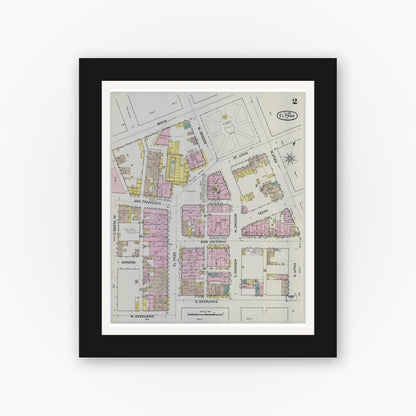 Old map wall art mockup — black gallery frame with white mat — Sanborn Fire Insurance Map from El Paso, El Paso County, Texas (1888), Sheet #0002