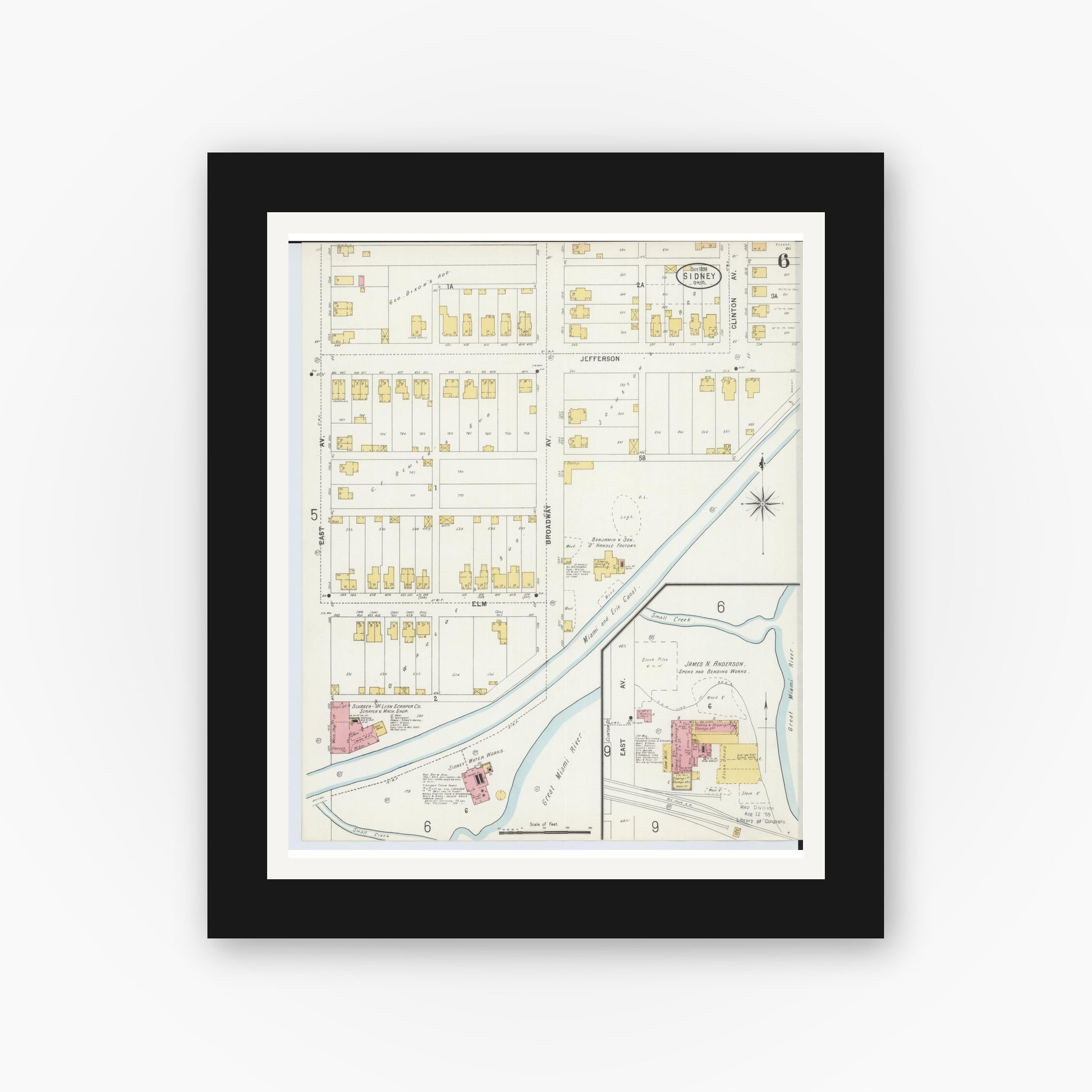 Old map wall art mockup — black gallery frame with white mat — Sanborn Fire Insurance Map from Sidney, Shelby County, Ohio (1898), Sheet #0006