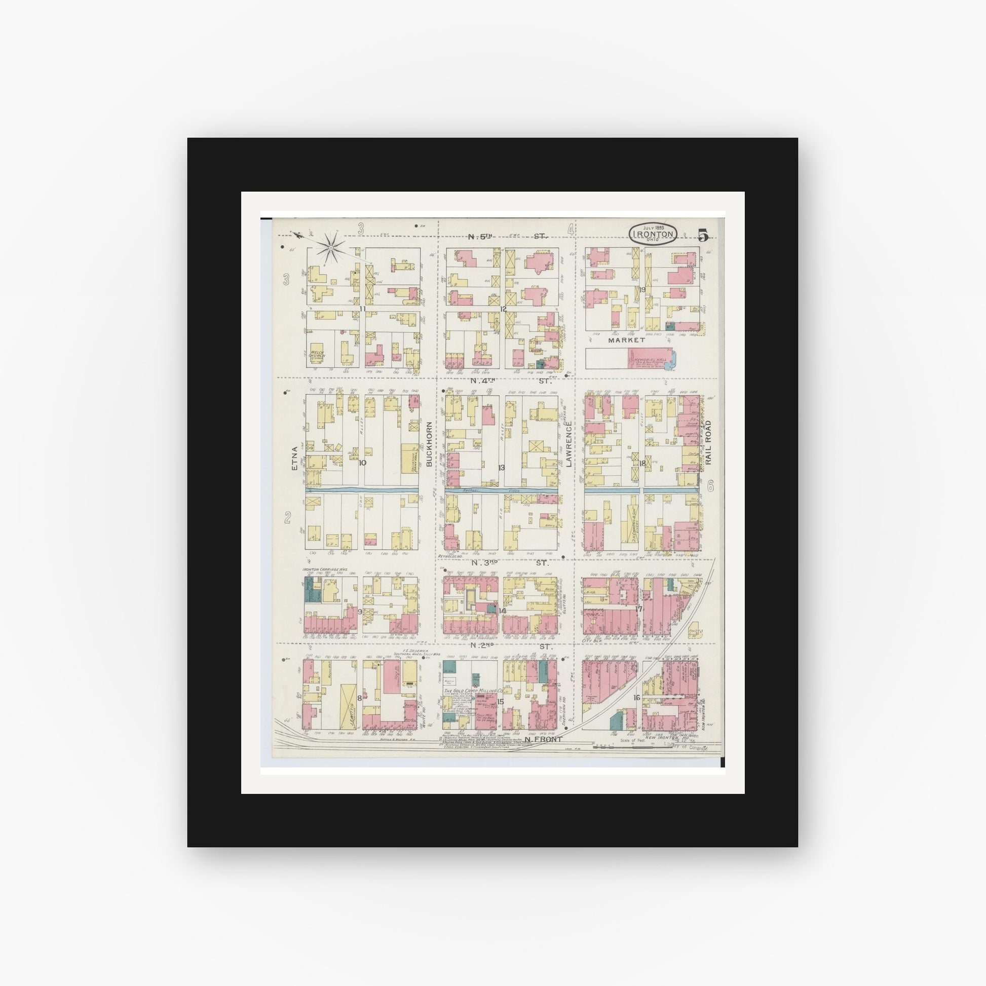 Old map wall art mockup — black gallery frame with white mat — Sanborn Fire Insurance Map from Ironton, Lawrence County, Ohio (1893), Sheet #0005