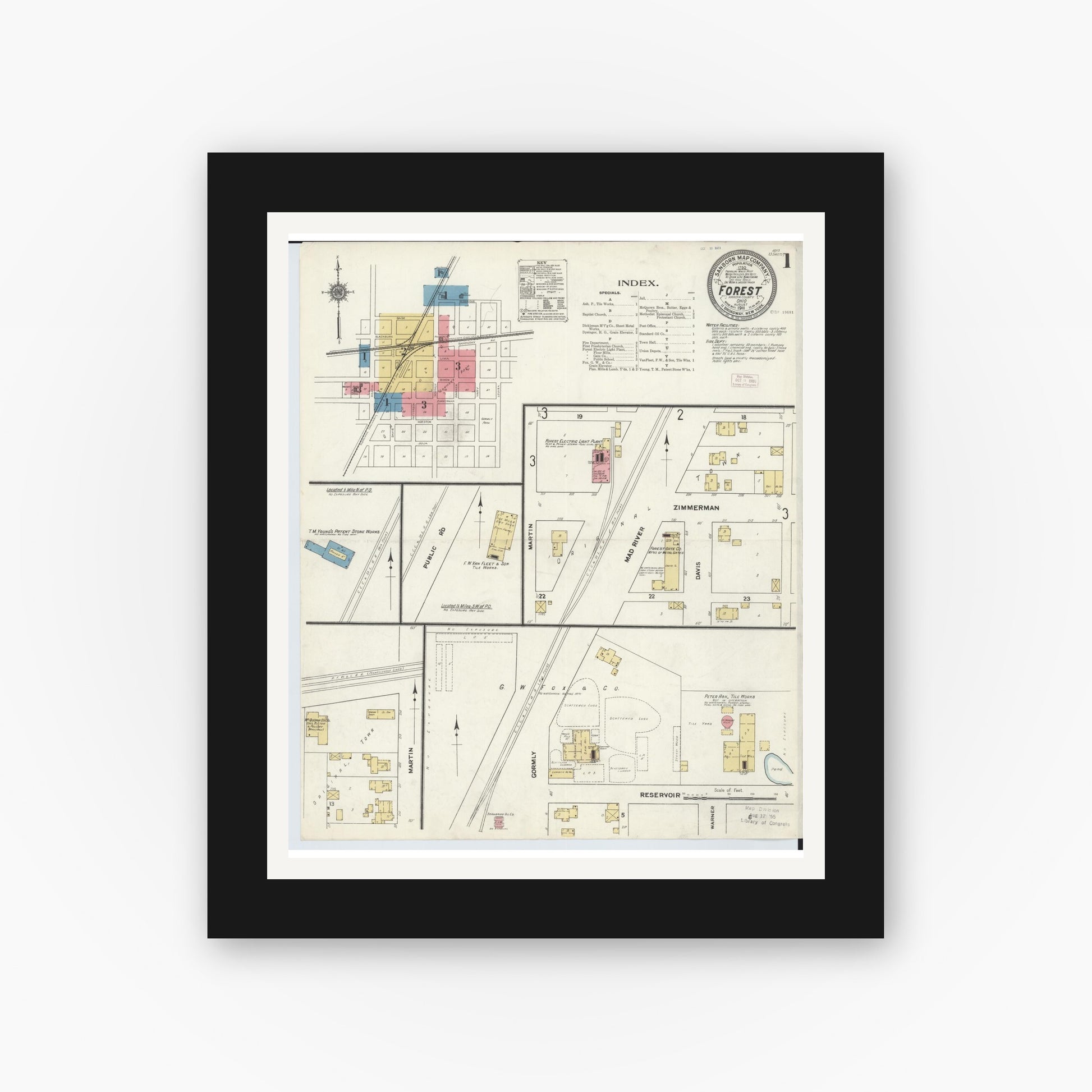 Old map wall art mockup — black gallery frame with white mat — Sanborn Fire Insurance Map from Forest, Hardin County, Ohio (1911), Sheet #0001