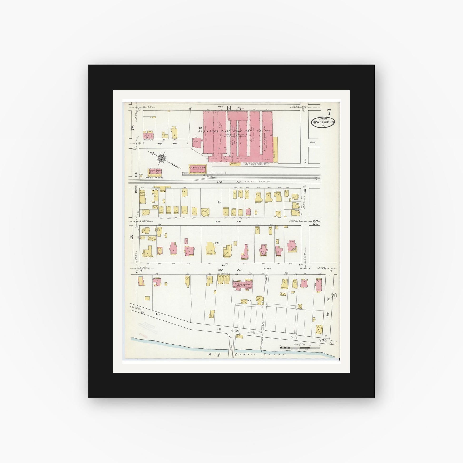 Old map wall art mockup — black gallery frame with white mat — Sanborn Fire Insurance Map from New Brighton, Beaver County, Pennsylvania (1918), Sheet #0007