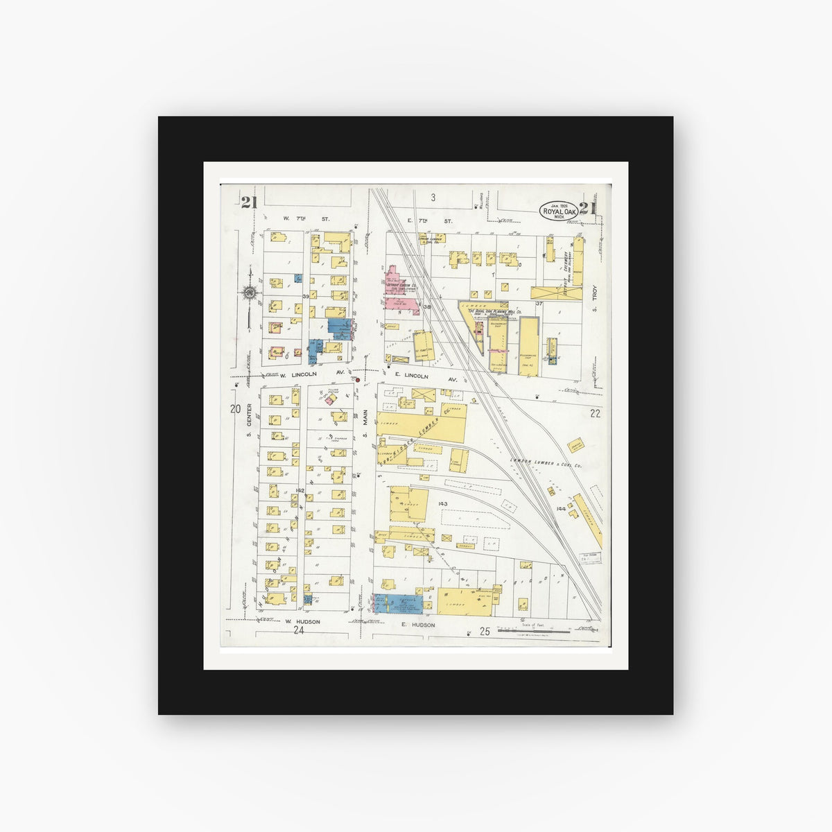 Old map wall art mockup — black gallery frame with white mat — Sanborn Fire Insurance Map from Royal Oak, Oakland County, Michigan (1926), Sheet #0021