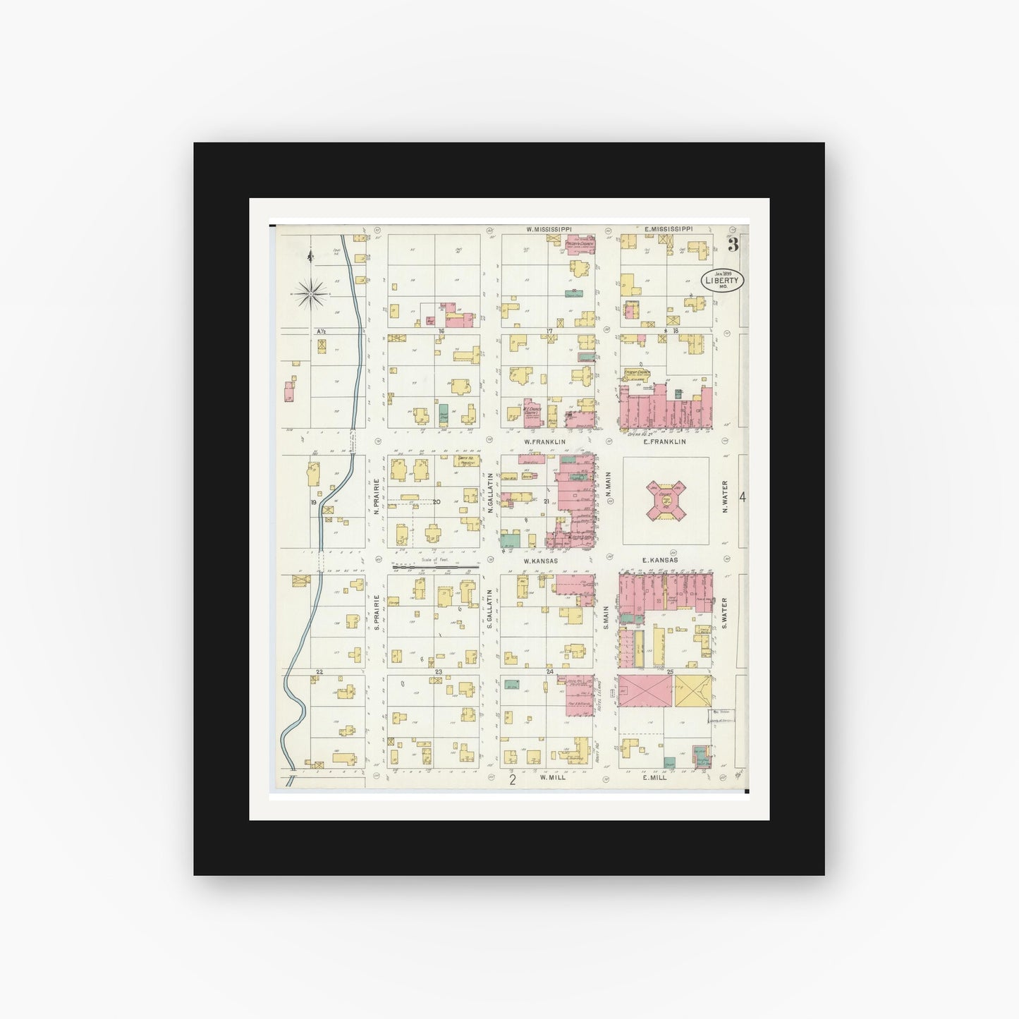 Old map wall art mockup — black gallery frame with white mat — Sanborn Fire Insurance Map from Liberty, Clay County, Missouri (1899), Sheet #0003
