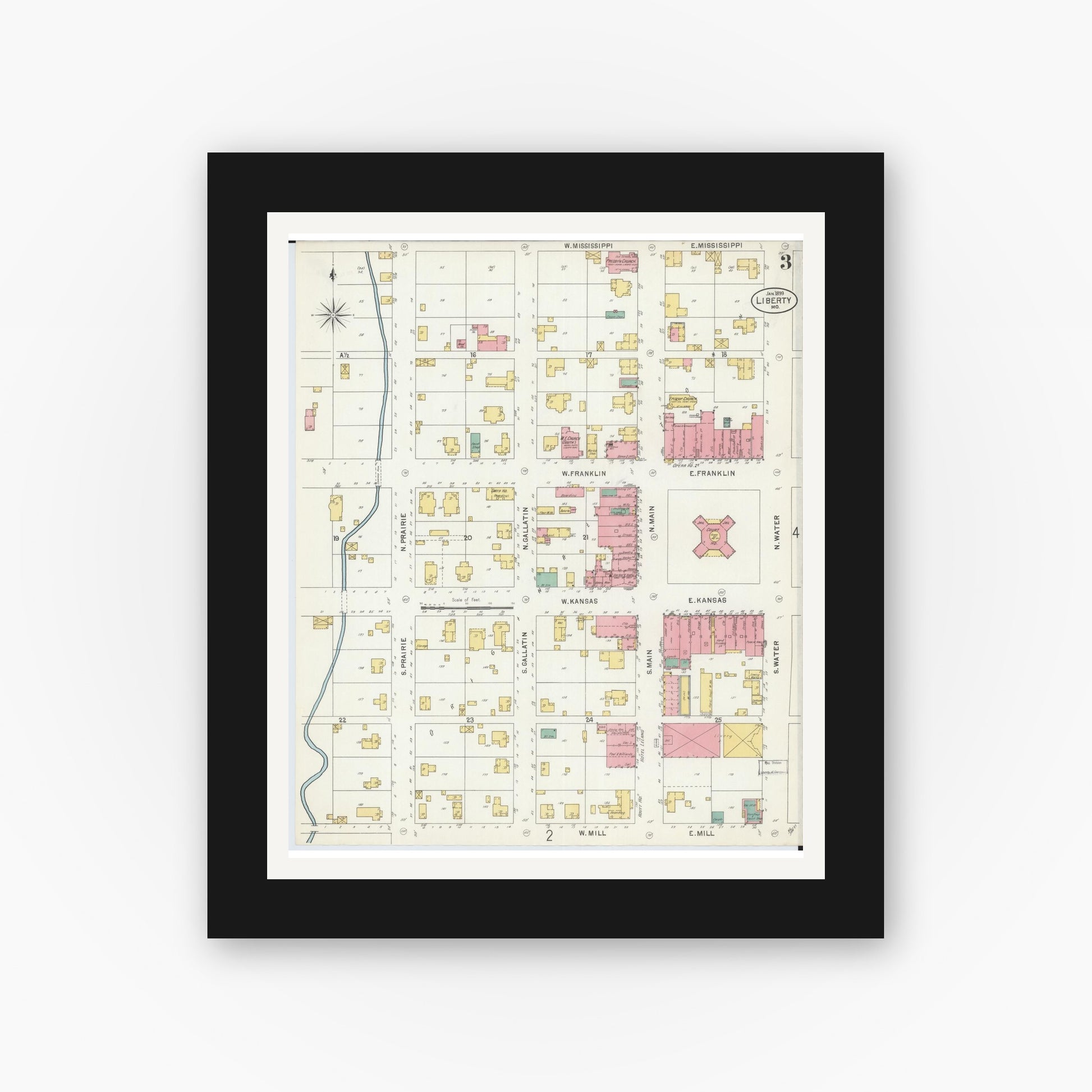 Old map wall art mockup — black gallery frame with white mat — Sanborn Fire Insurance Map from Liberty, Clay County, Missouri (1899), Sheet #0003