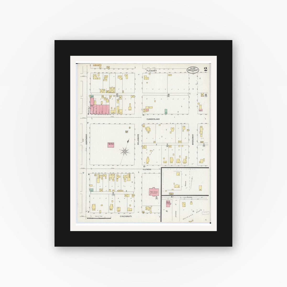 Old map wall art mockup — black gallery frame with white mat — Sanborn Fire Insurance Map from Greenup, Cumberland County, Illinois (1898), Sheet #0002
