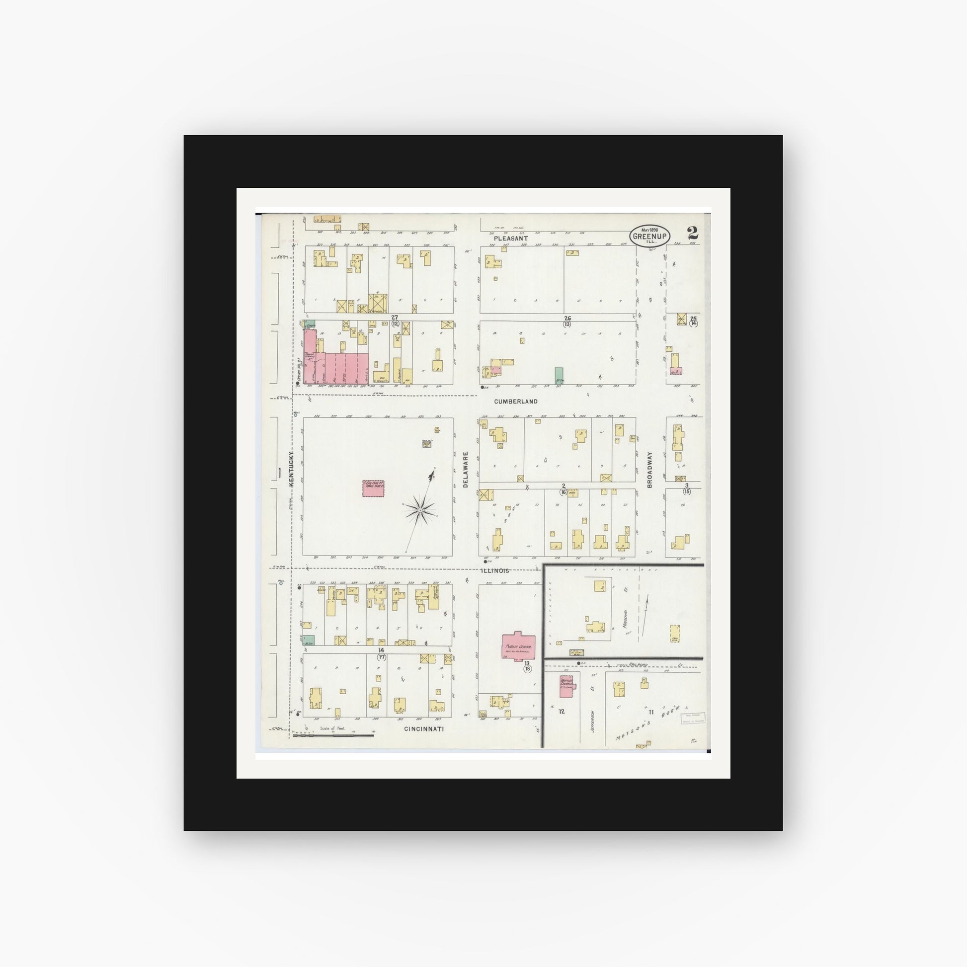 Old map wall art mockup — black gallery frame with white mat — Sanborn Fire Insurance Map from Greenup, Cumberland County, Illinois (1898), Sheet #0002