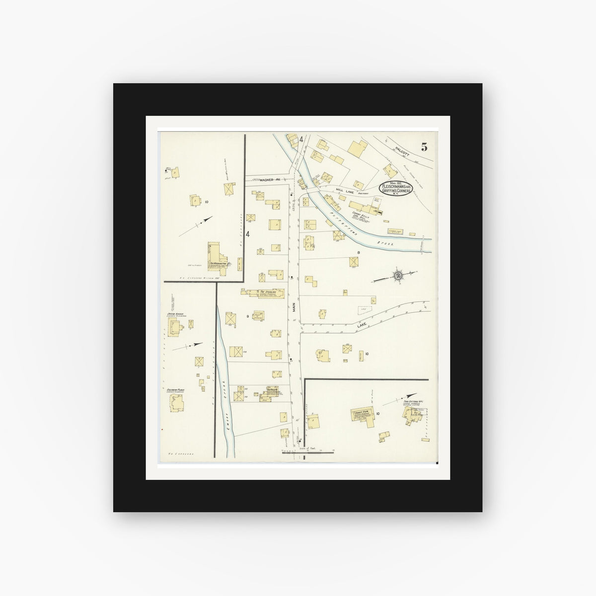 Old map wall art mockup — black gallery frame with white mat — Sanborn Fire Insurance Map from Fleischmanns, Delaware County, New York (1912), Sheet #0005