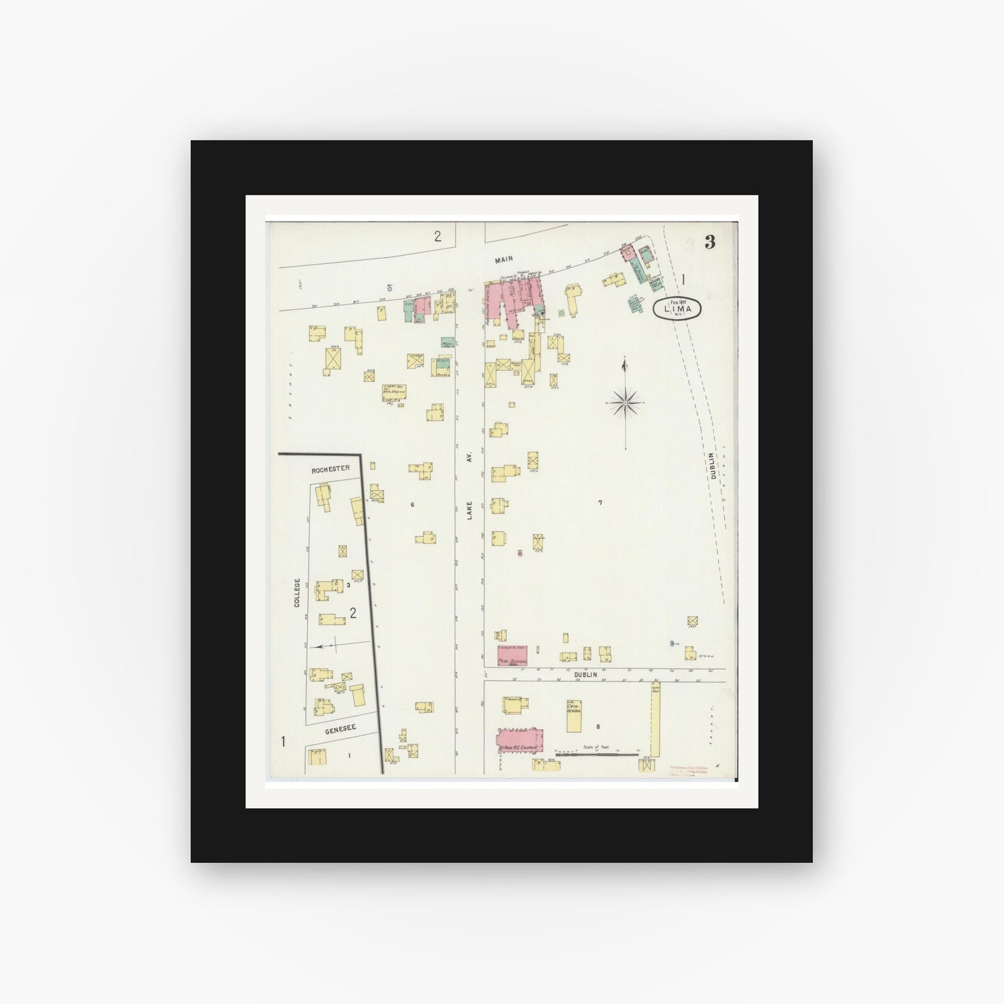 Old map wall art mockup — black gallery frame with white mat — Sanborn Fire Insurance Map from Lima, Livingston County, New York (1897), Sheet #0003