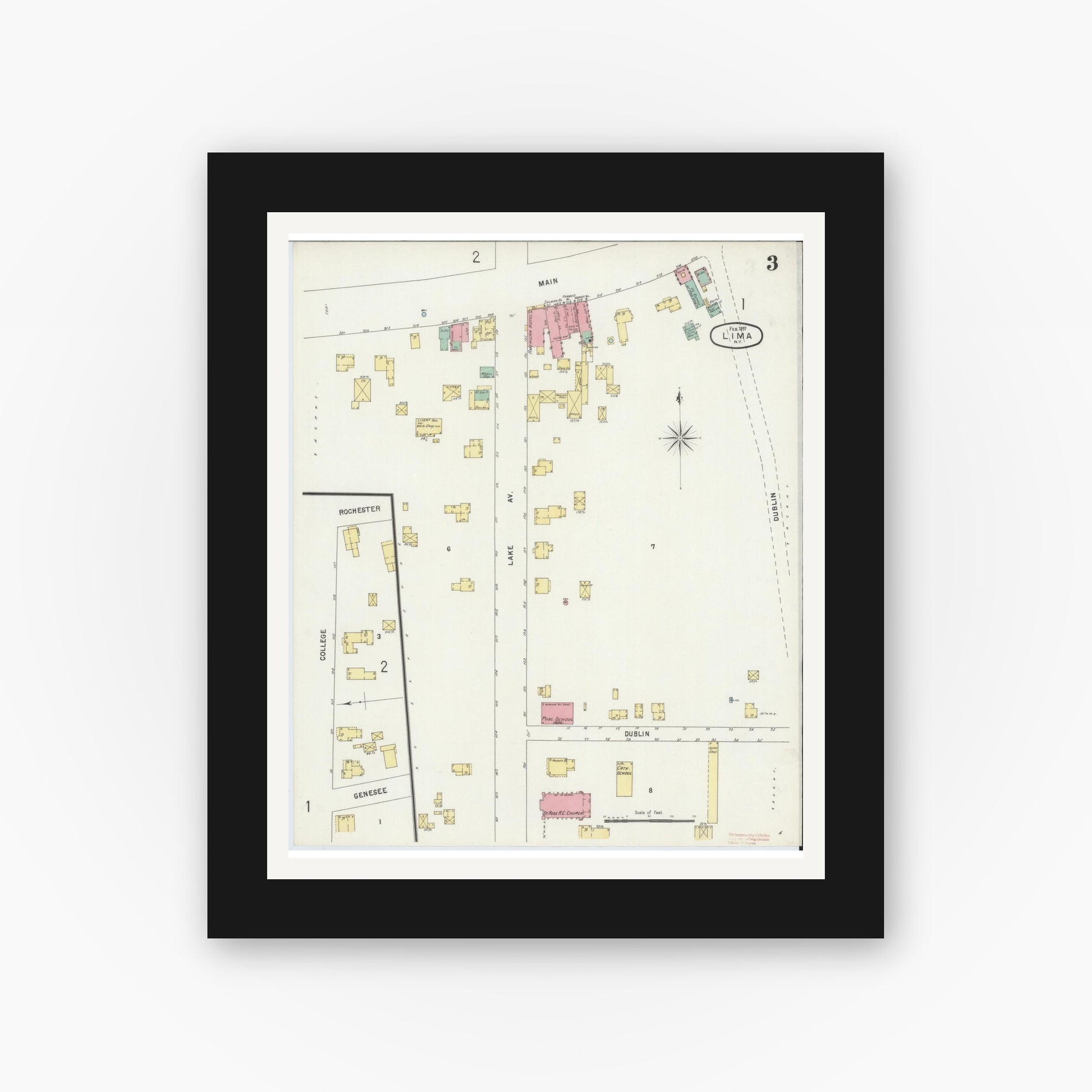 Old map wall art mockup — black gallery frame with white mat — Sanborn Fire Insurance Map from Lima, Livingston County, New York (1897), Sheet #0003