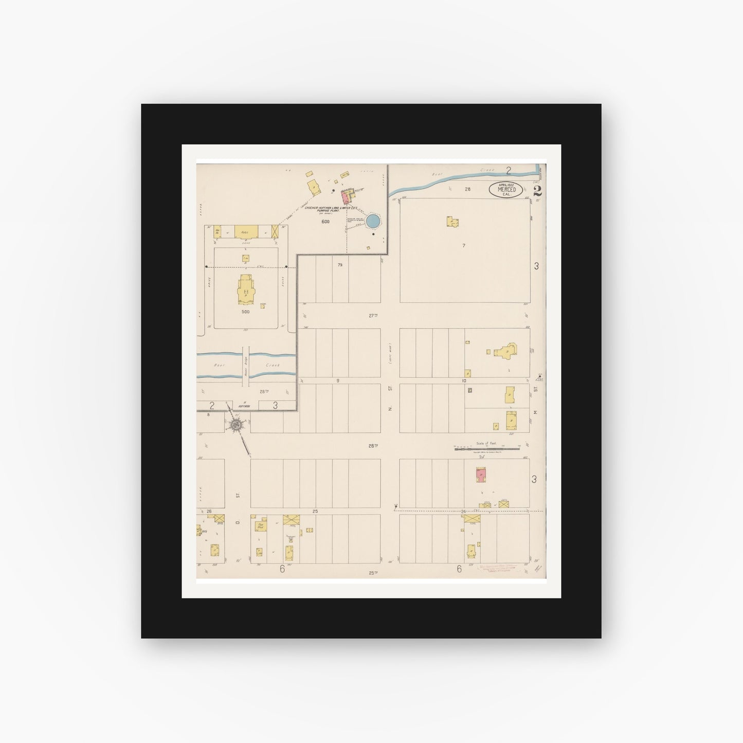 Old map wall art mockup — black gallery frame with white mat — Sanborn Fire Insurance Map from Merced, Merced County, California (1922), Sheet #0002