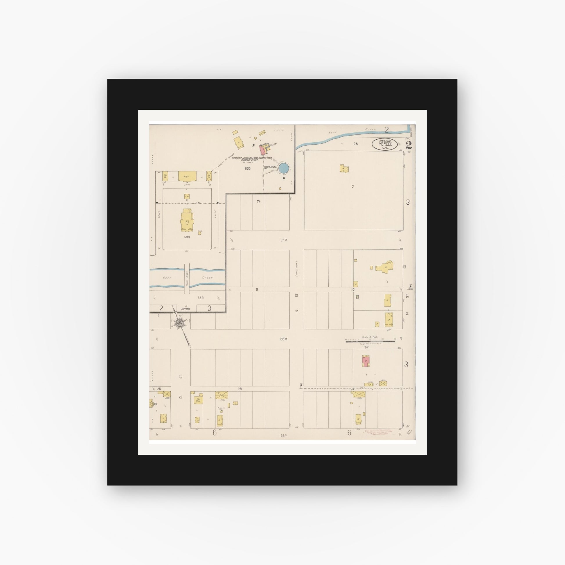 Old map wall art mockup — black gallery frame with white mat — Sanborn Fire Insurance Map from Merced, Merced County, California (1922), Sheet #0002