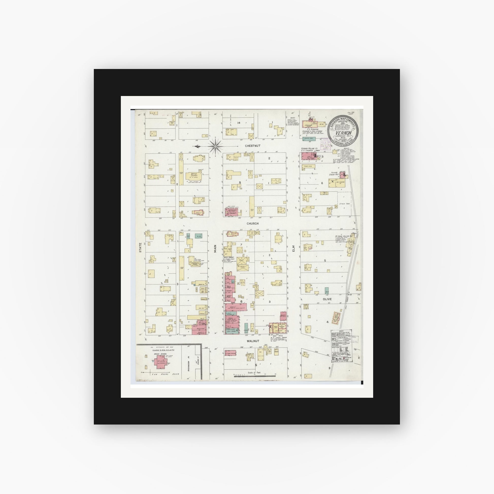 Old map wall art mockup — black gallery frame with white mat — Sanborn Fire Insurance Map from Vernon, Shiawassee County, Michigan (1902), Sheet #0001