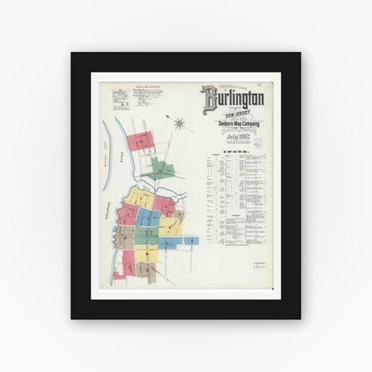 Old map wall art mockup — black gallery frame with white mat — Sanborn Fire Insurance Map from Burlington, Burlington County, New Jersey (1902), Sheet #0001