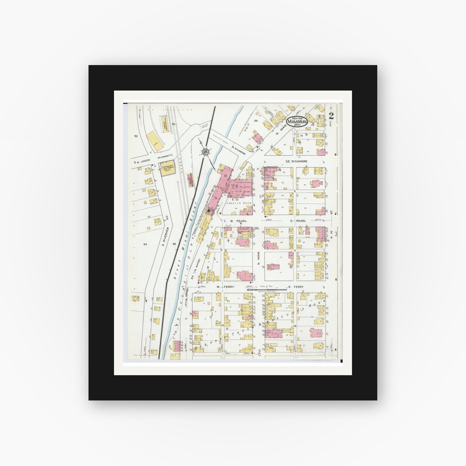 Old map wall art mockup — black gallery frame with white mat — Sanborn Fire Insurance Map from Miamisburg, Montgomery County, Ohio (1919), Sheet #0002