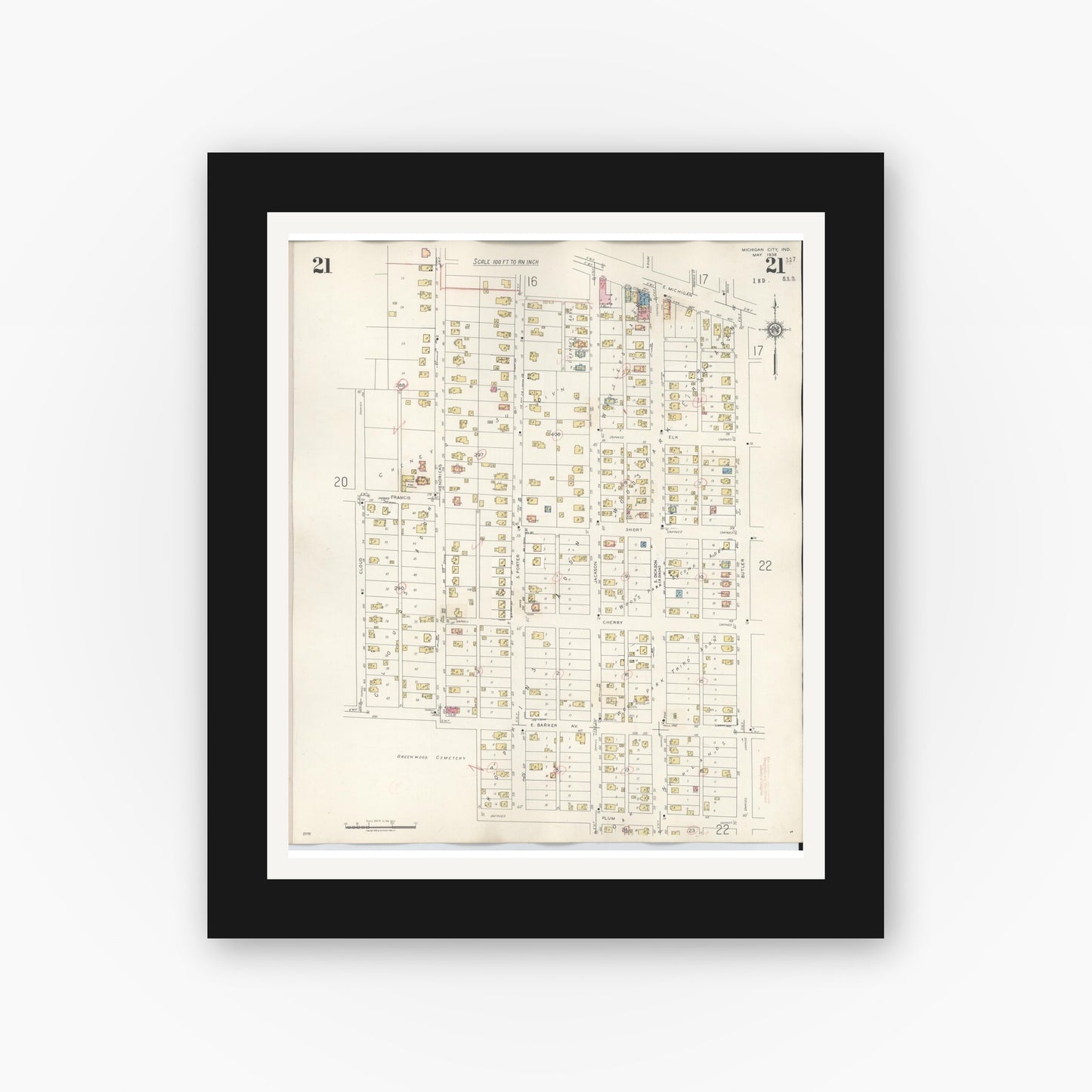 Old map wall art mockup — black gallery frame with white mat — Sanborn Fire Insurance Map from Michigan City, La Porte County, Indiana (1948), Sheet #0021