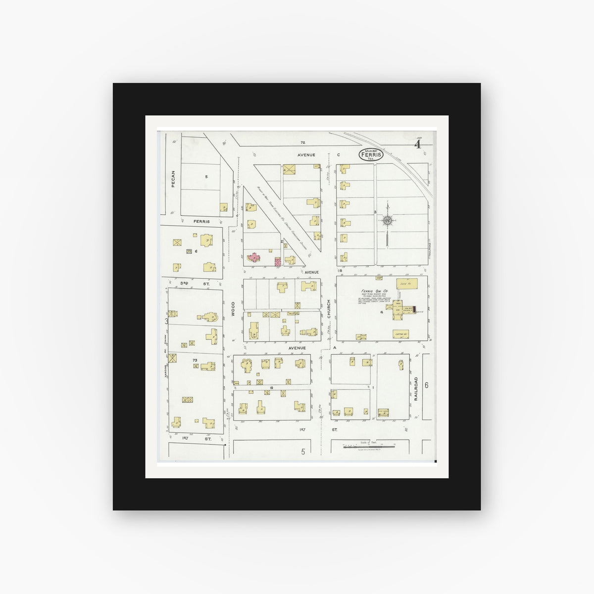 Old map wall art mockup — black gallery frame with white mat — Sanborn Fire Insurance Map from Ferris, Ellis County, Texas (1921), Sheet #0004