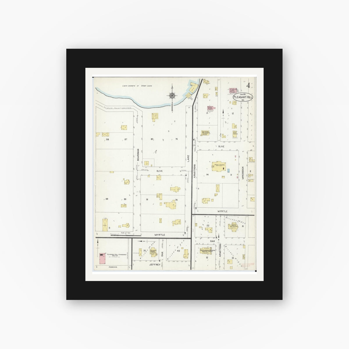 Old map wall art mockup — black gallery frame with white mat — Sanborn Fire Insurance Map from Pleasant Hill, Cass County, Missouri (1913), Sheet #0004
