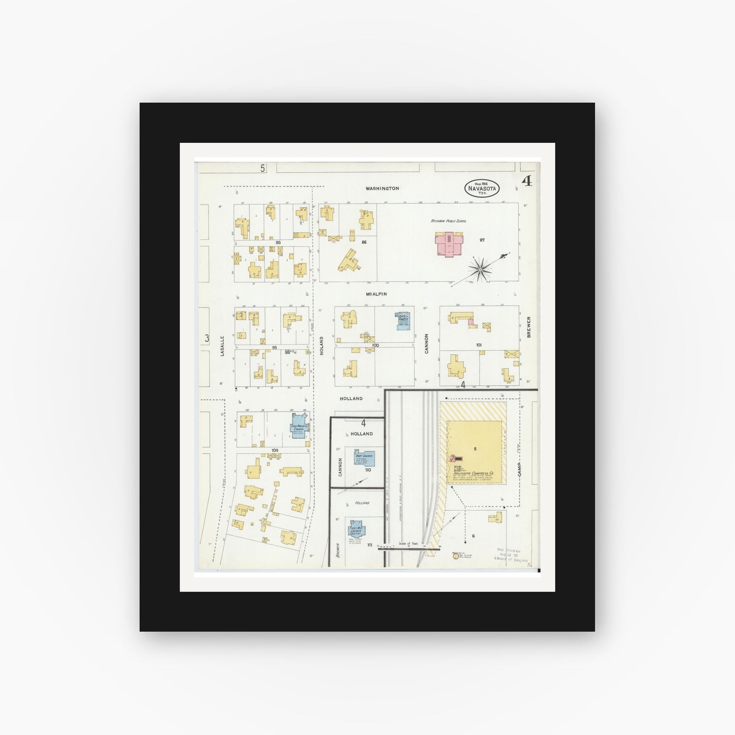 Old map wall art mockup — black gallery frame with white mat — Sanborn Fire Insurance Map from Navasota, Grimes County, Texas (1906), Sheet #0004