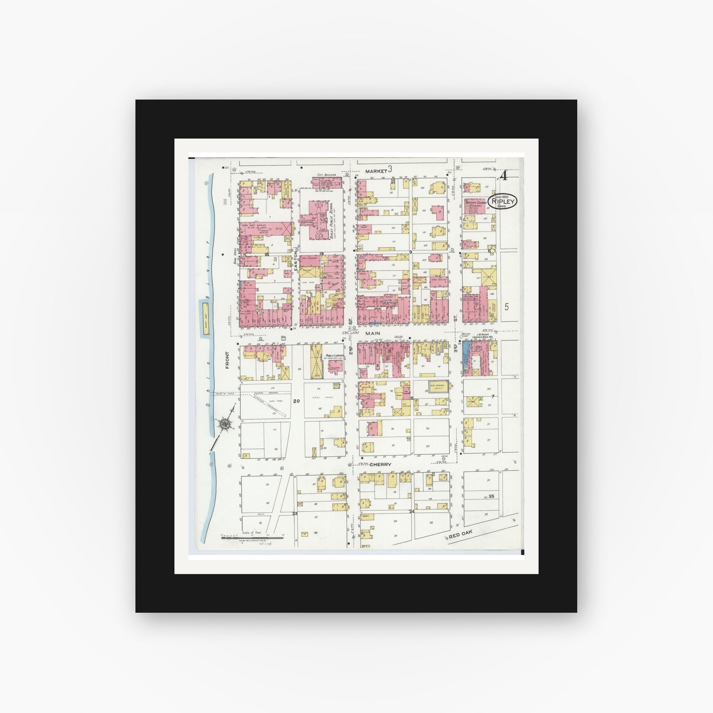 Old map wall art mockup — black gallery frame with white mat — Sanborn Fire Insurance Map from Ripley, Brown County, Ohio (1920), Sheet #0004