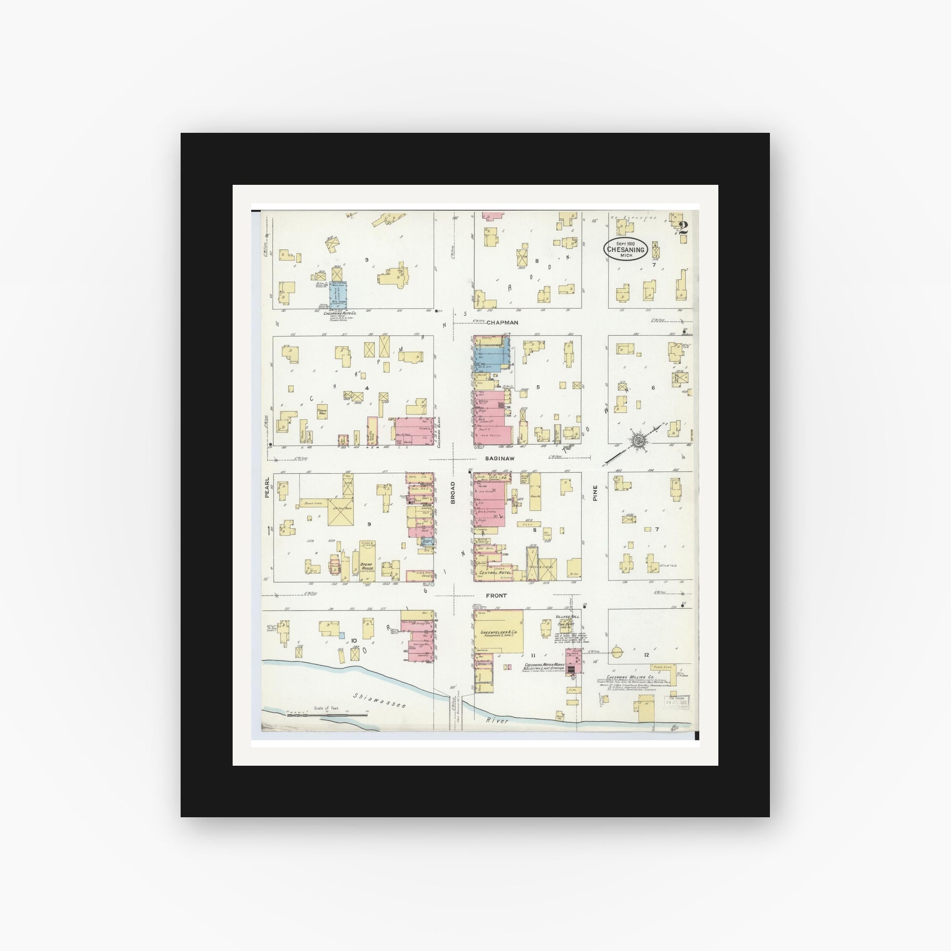 Old map wall art mockup — black gallery frame with white mat — Sanborn Fire Insurance Map from Chesaning, Saginaw County, Michigan (1910), Sheet #0002