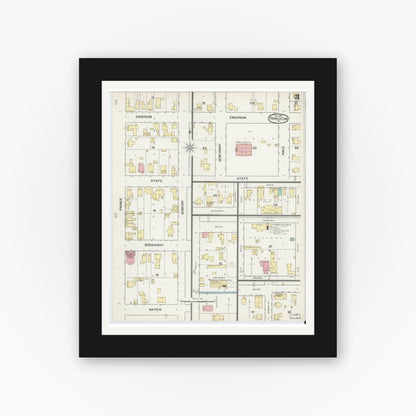 Old map wall art mockup — black gallery frame with white mat — Sanborn Fire Insurance Map from Princeton, Gibson County, Indiana (1892), Sheet #0003
