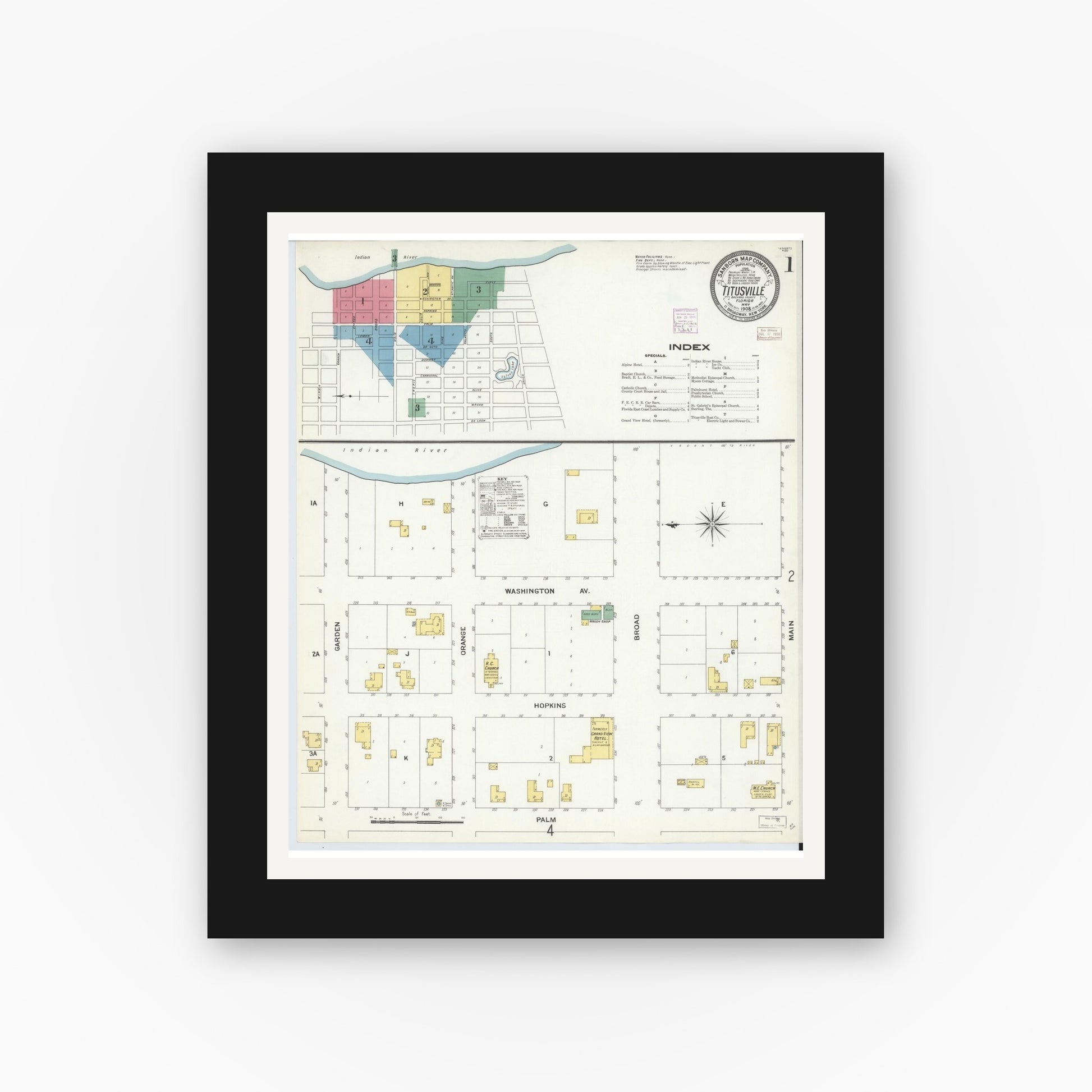 Old map wall art mockup — black gallery frame with white mat — Sanborn Fire Insurance Map from Titusville, Brevard County, Florida (1908) - Complete Map Set