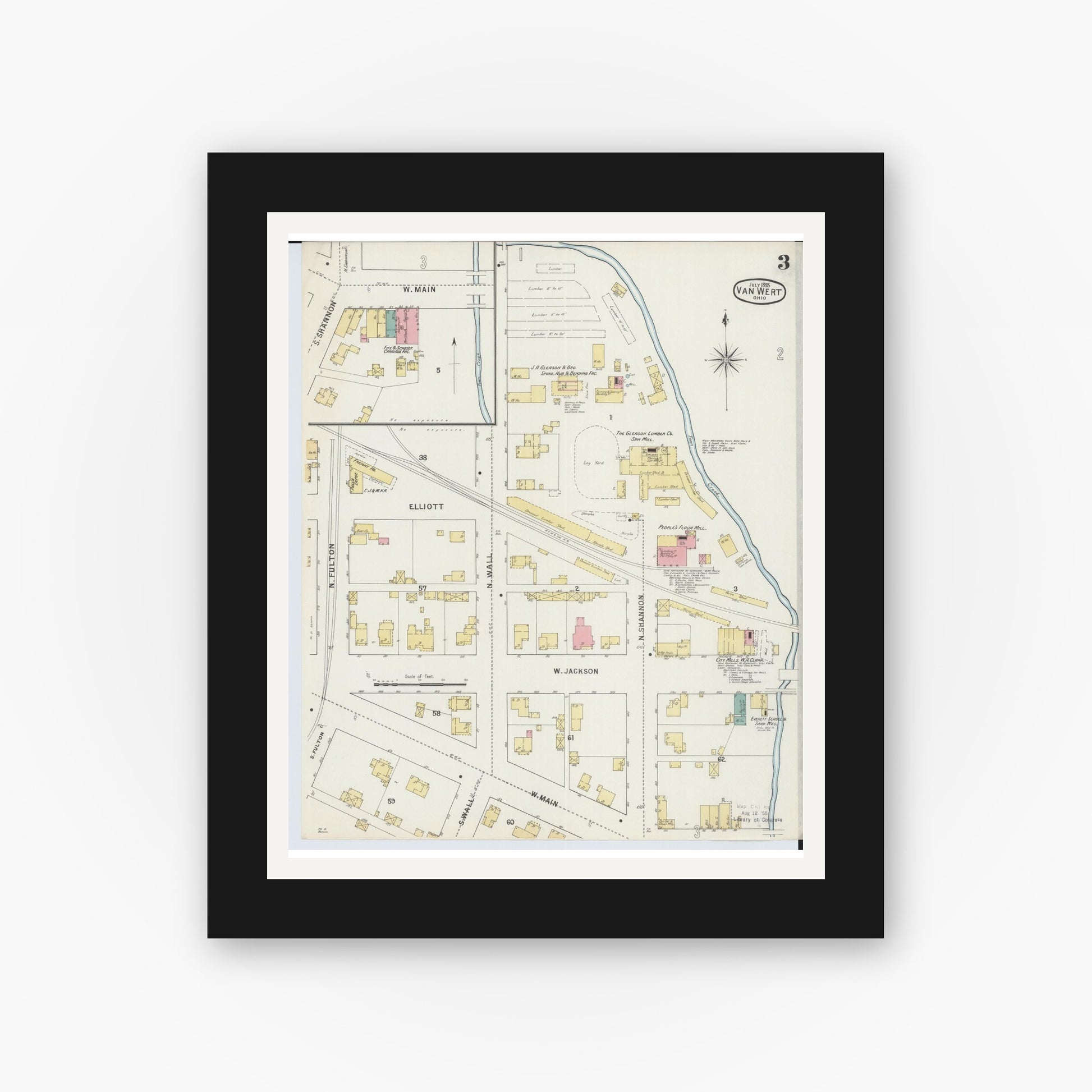 Old map wall art mockup — black gallery frame with white mat — Sanborn Fire Insurance Map from Van Wert, Van Wert County, Ohio (1895), Sheet #0003