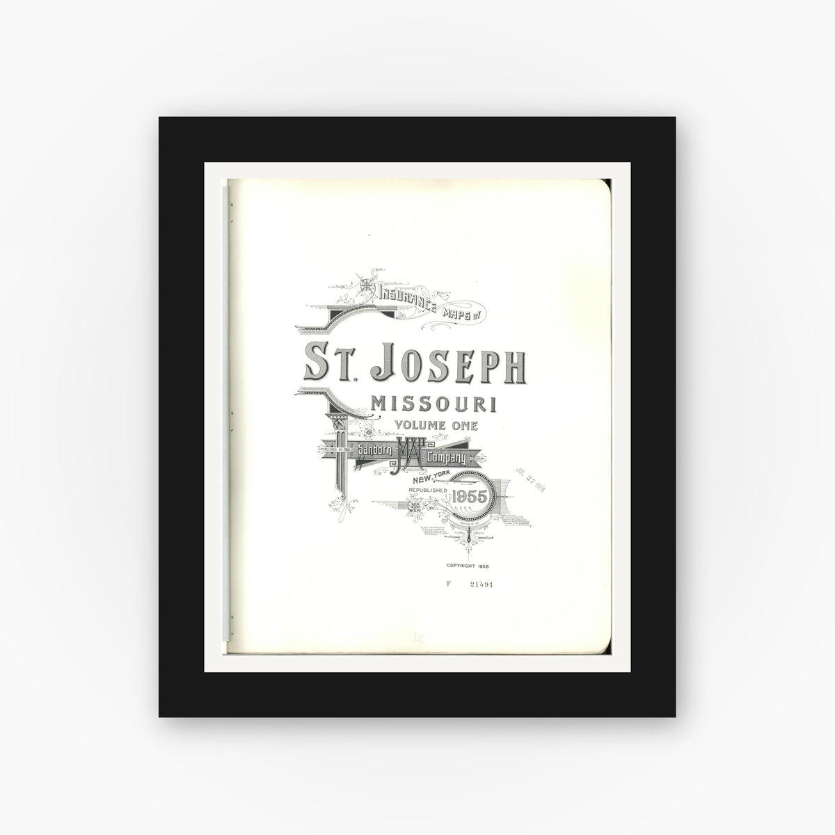 Old map wall art mockup — black gallery frame with white mat — Sanborn Fire Insurance Map from Saint Joseph, Buchanan County, Missouri (1955), Sheet #0001