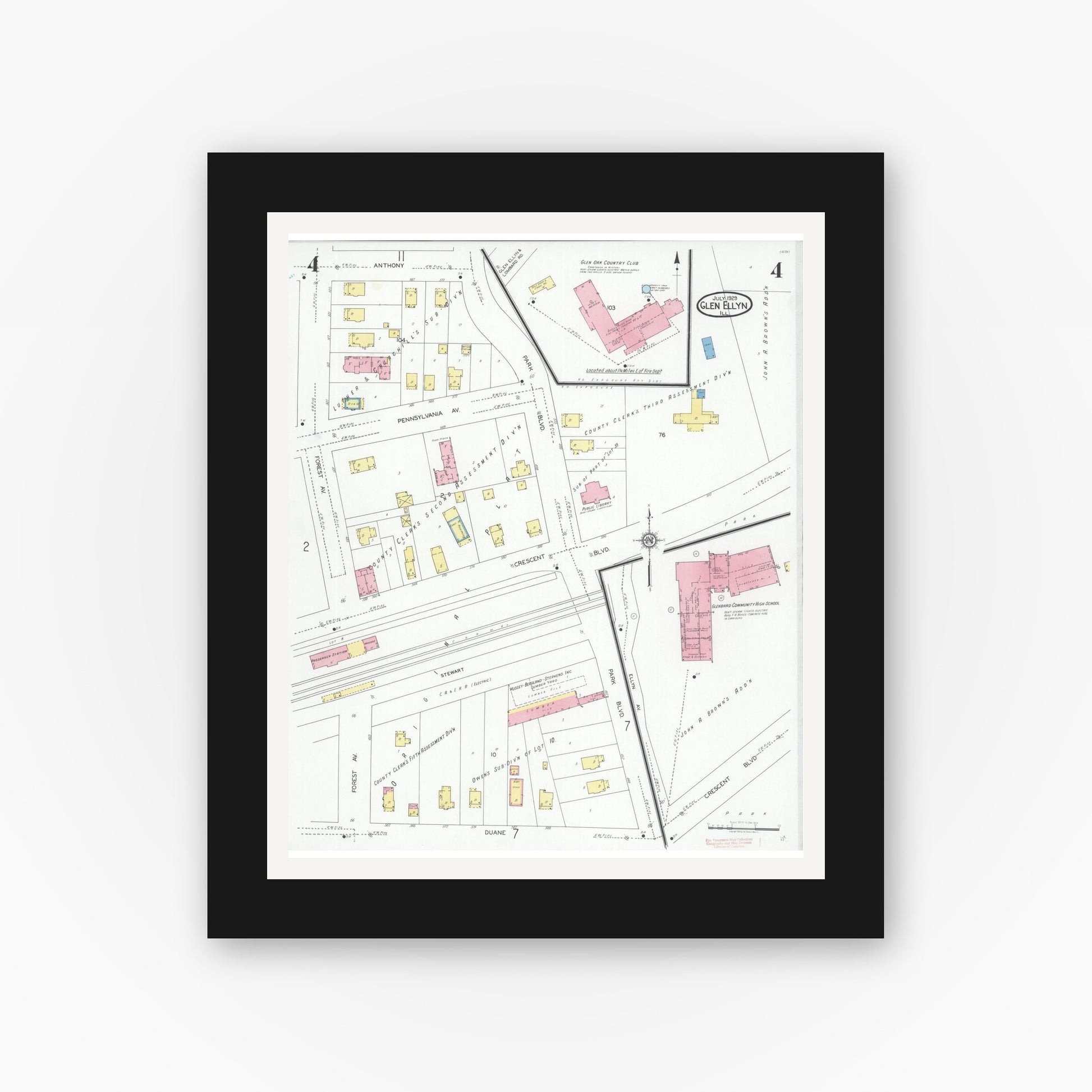 Old map wall art mockup — black gallery frame with white mat — Sanborn Fire Insurance Map from Glen Ellyn, Du Page County, Illinois (1929), Sheet #0004