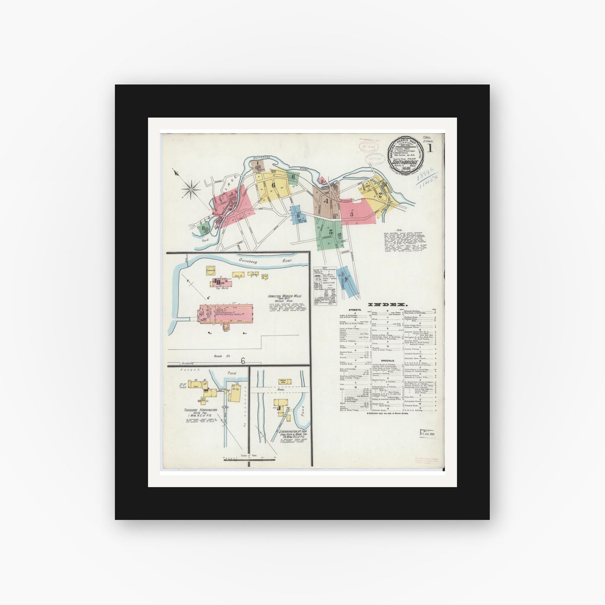 Old map wall art mockup — black gallery frame with white mat — Sanborn Fire Insurance Map from Southbridge, Worcester County, Massachusetts (1899) - Complete Map Set
