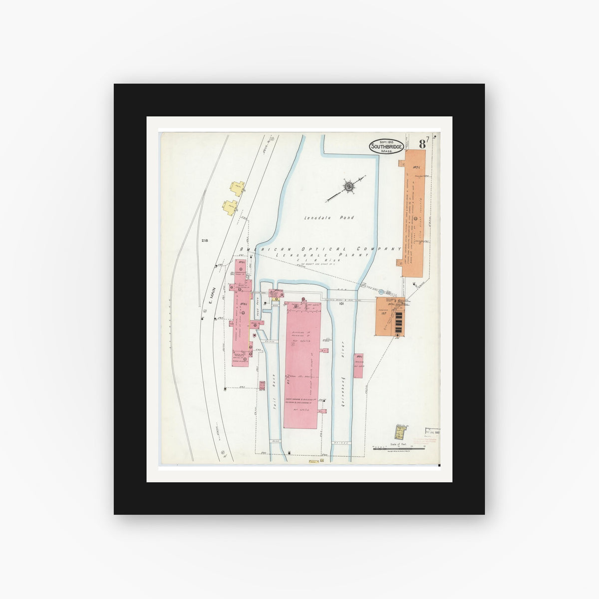 Old map wall art mockup — black gallery frame with white mat — Sanborn Fire Insurance Map from Southbridge, Worcester County, Massachusetts (1918), Sheet #0008